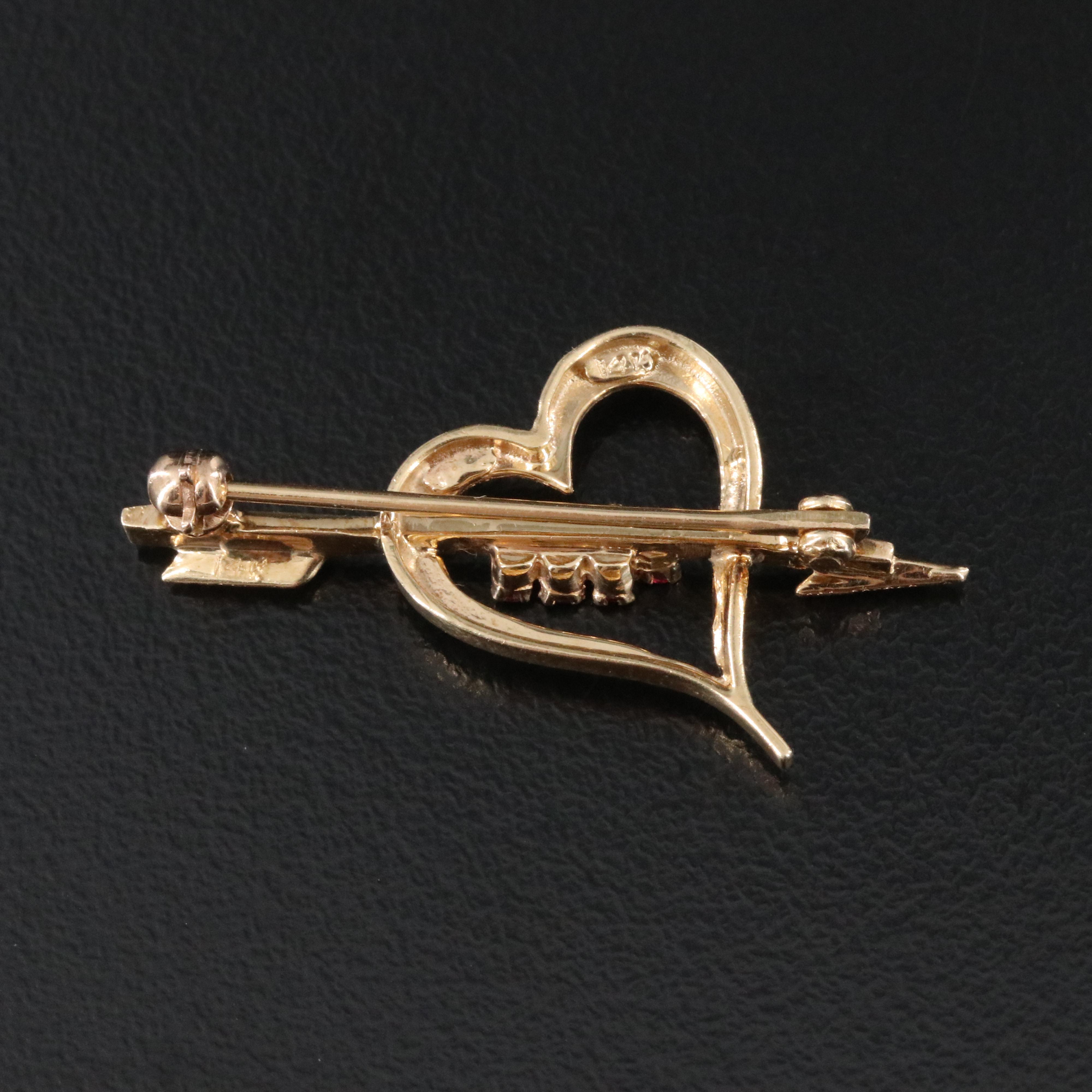 Vintage 14K Ruby Heart and Arrow Brooch