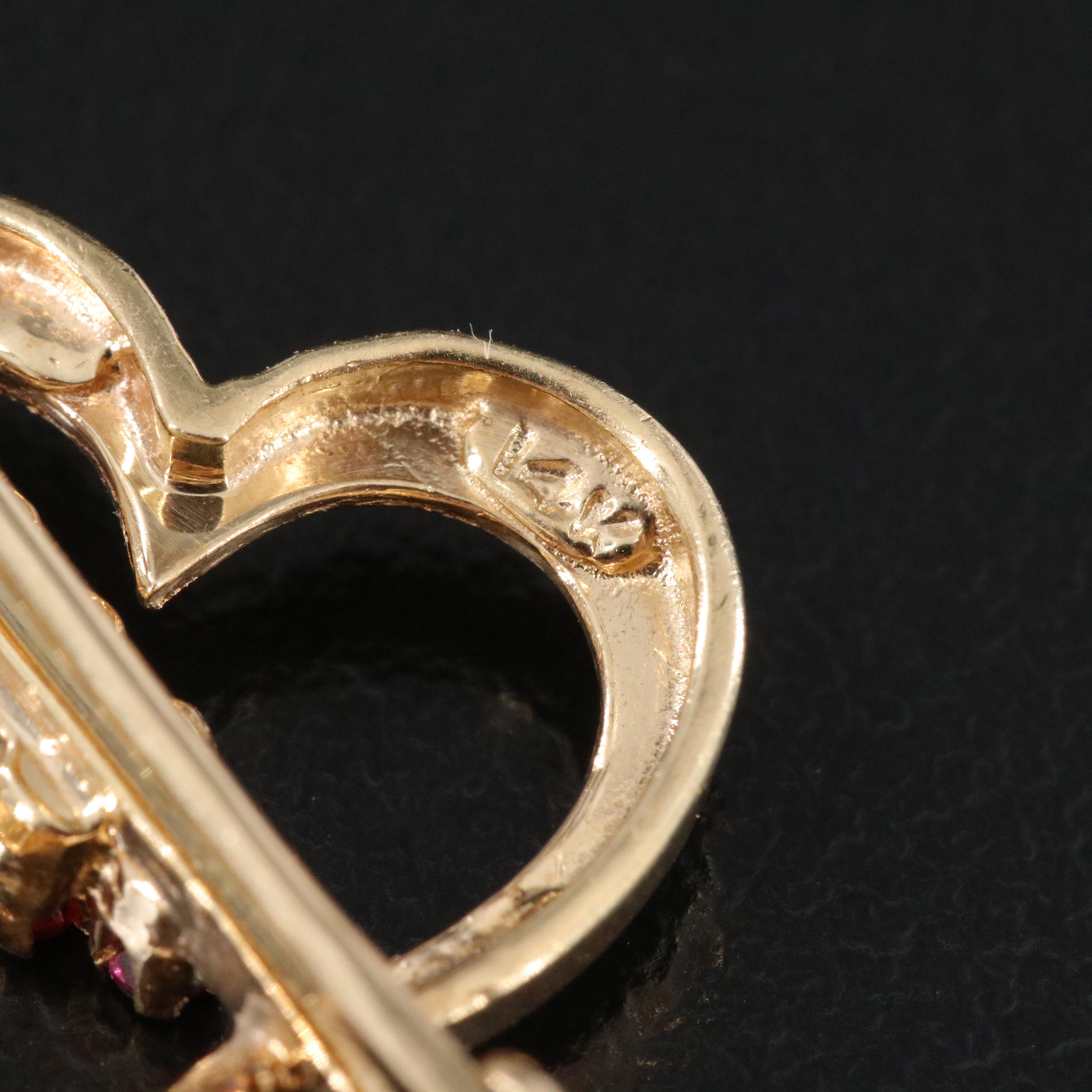 Vintage 14K Ruby Heart and Arrow Brooch