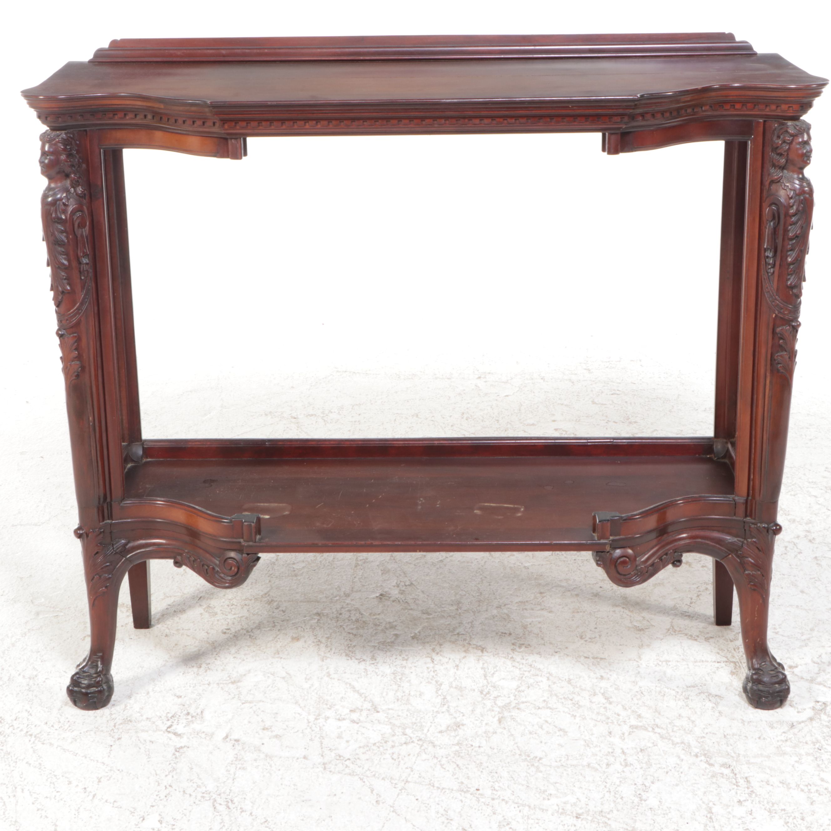 Mahogany Finish Carved Two-Tier Console Table