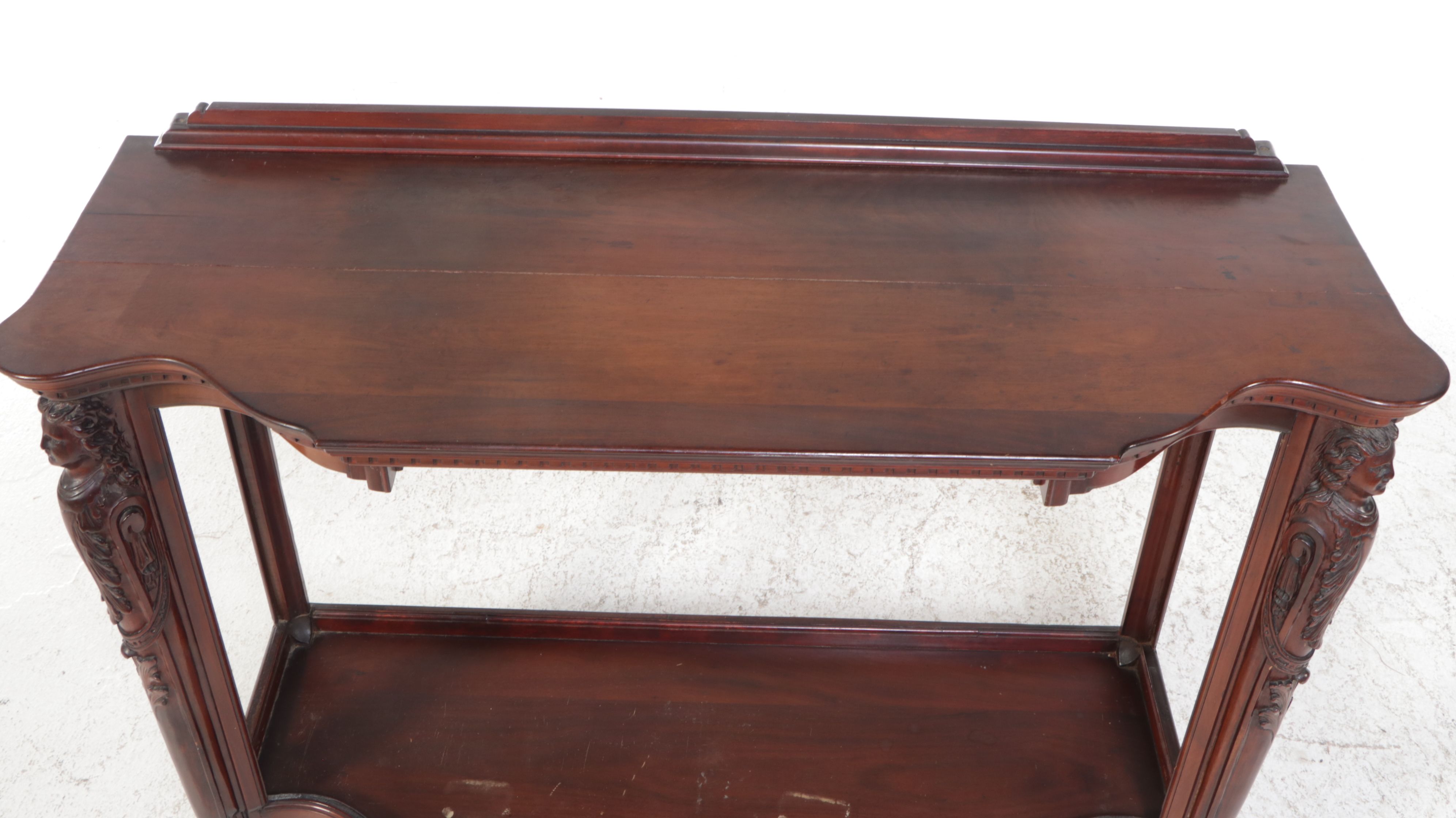 Mahogany Finish Carved Two-Tier Console Table
