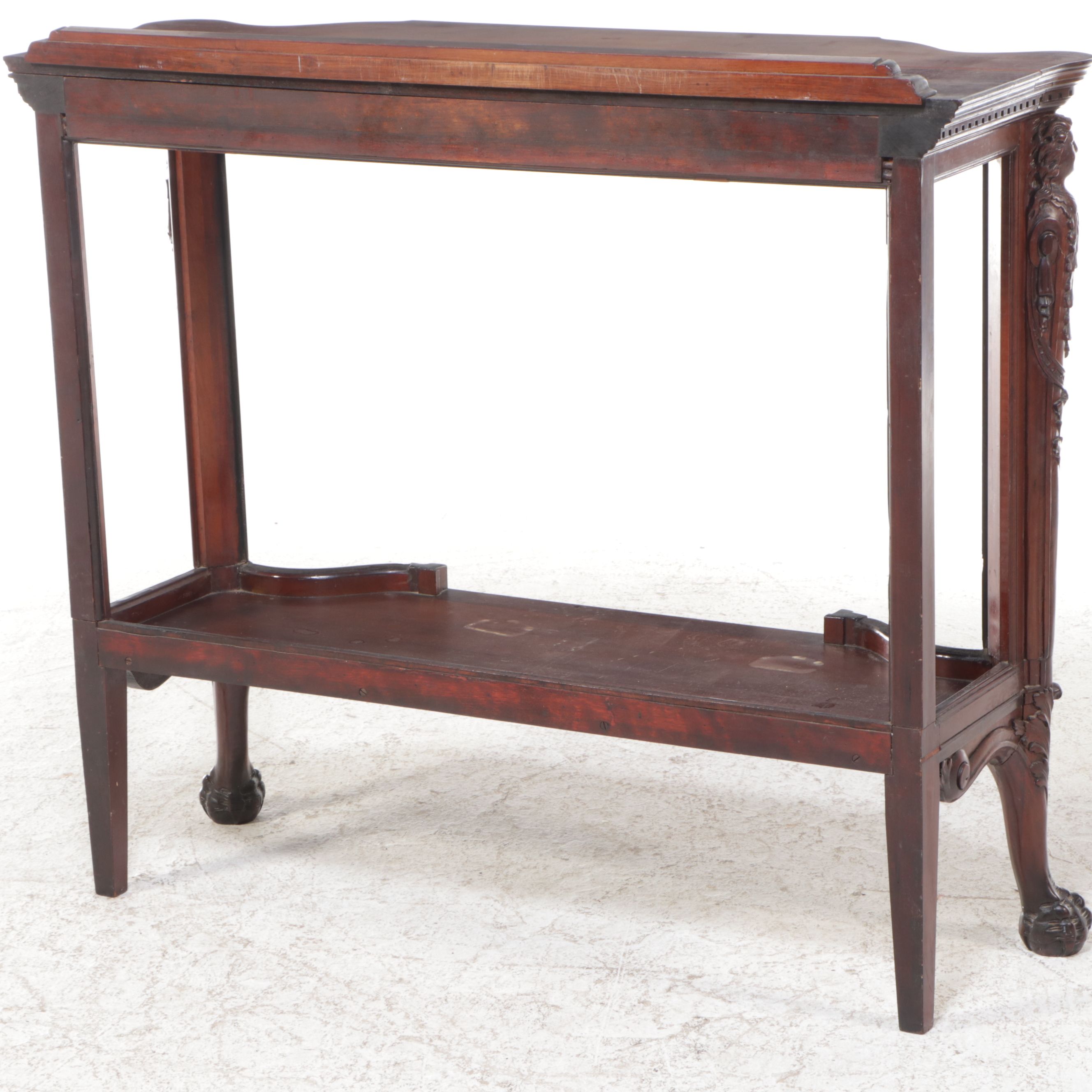 Mahogany Finish Carved Two-Tier Console Table