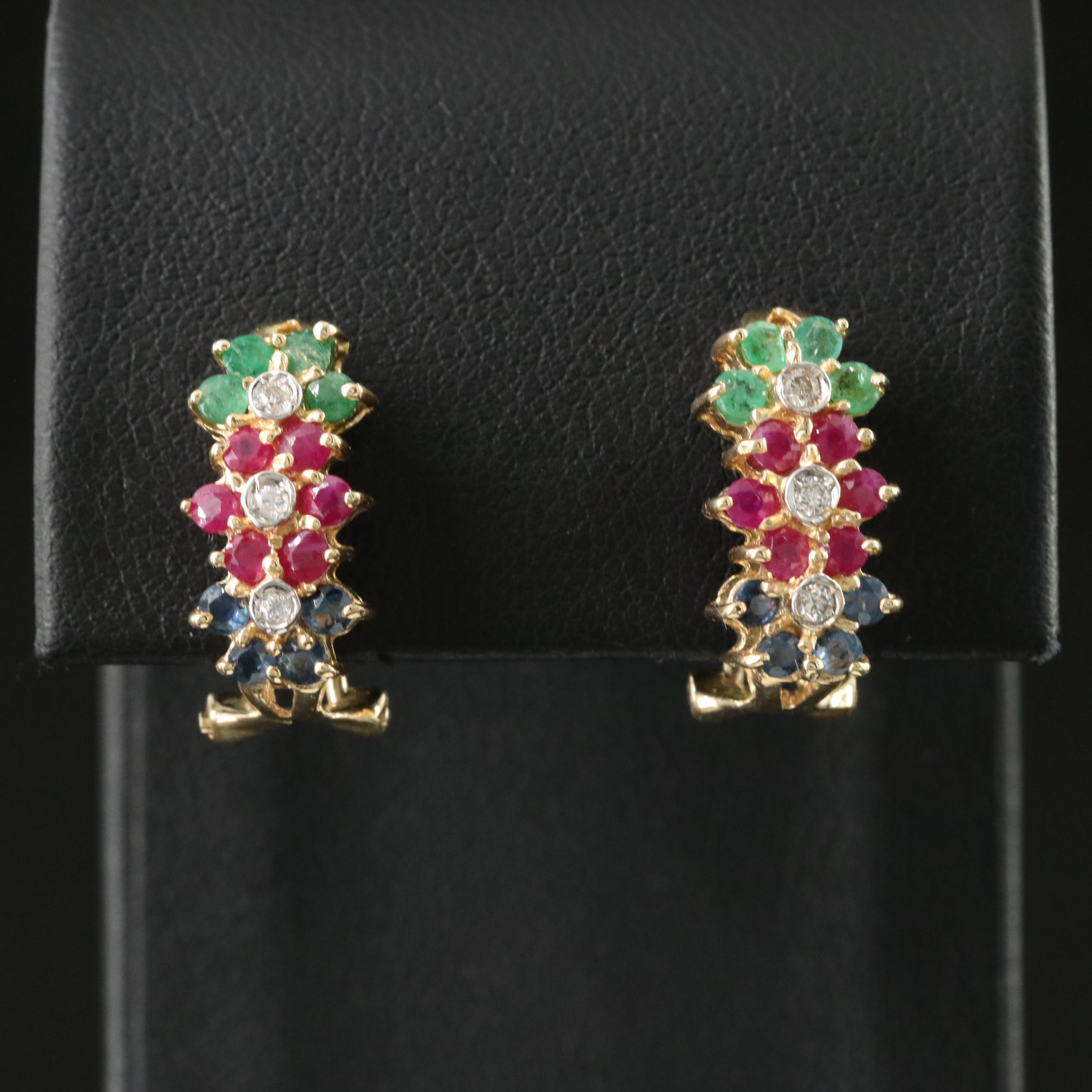 14K Emerald, Ruby, Sapphire and Diamond Earrings