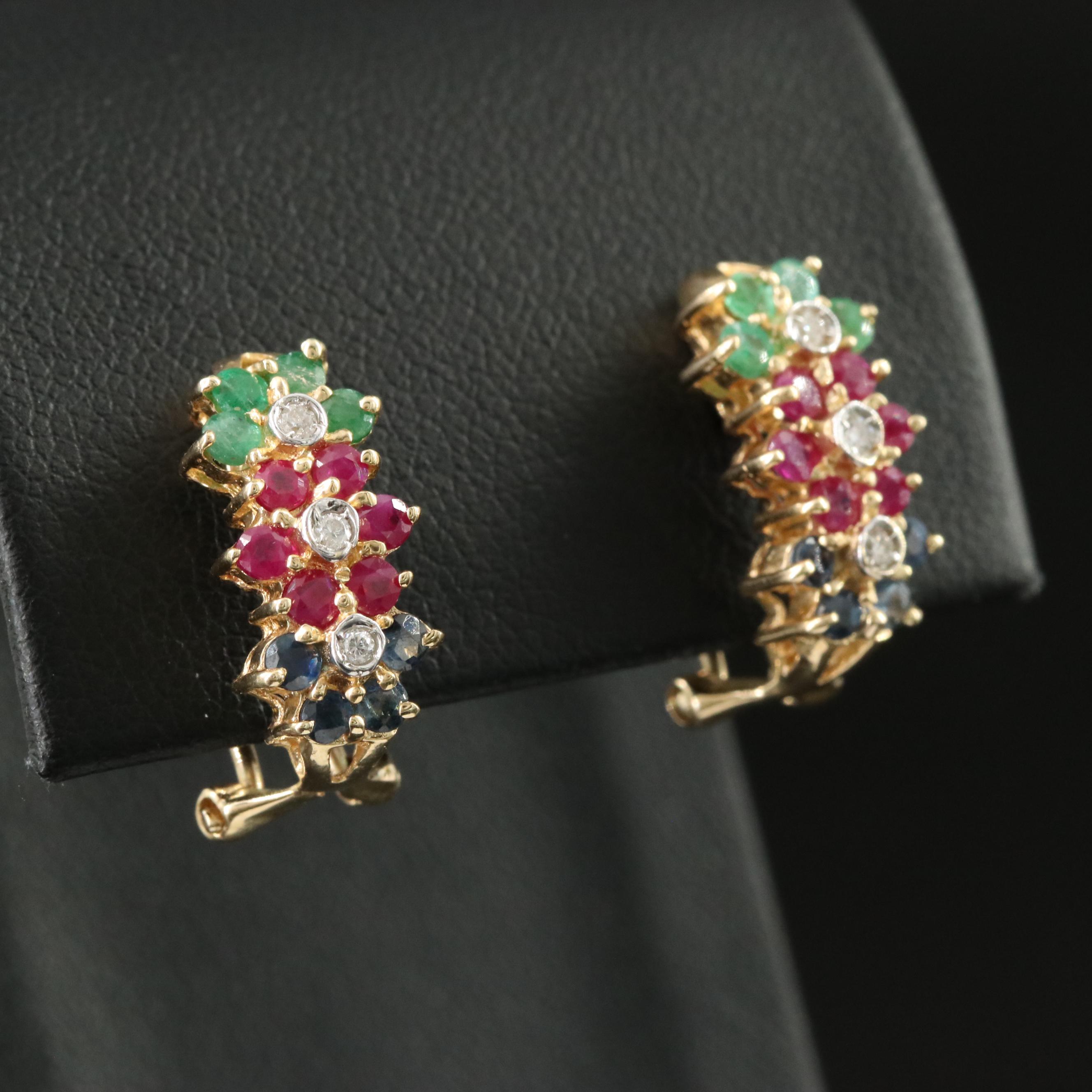14K Emerald, Ruby, Sapphire and Diamond Earrings