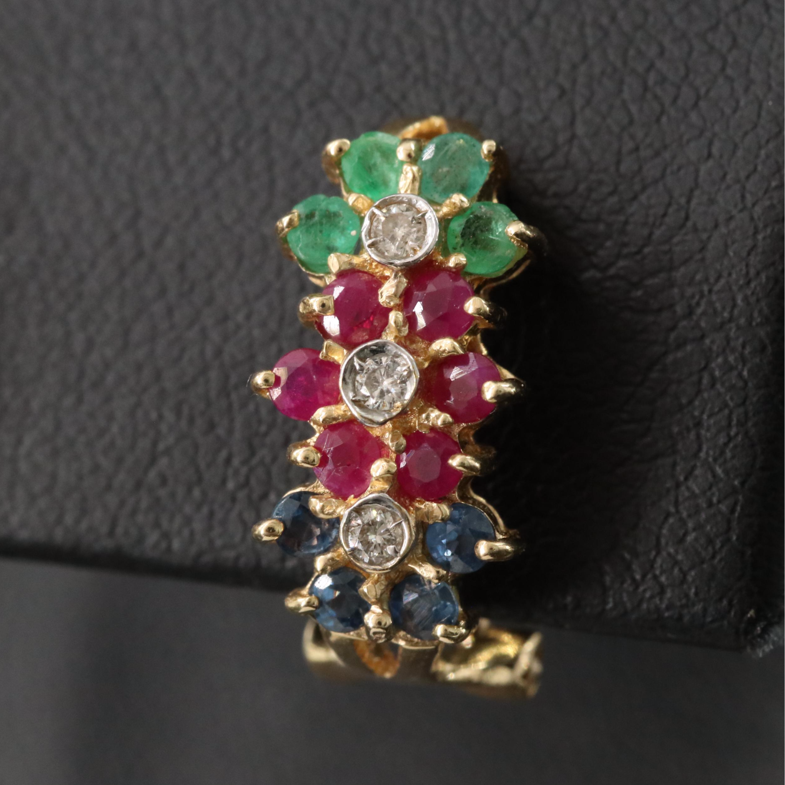 14K Emerald, Ruby, Sapphire and Diamond Earrings
