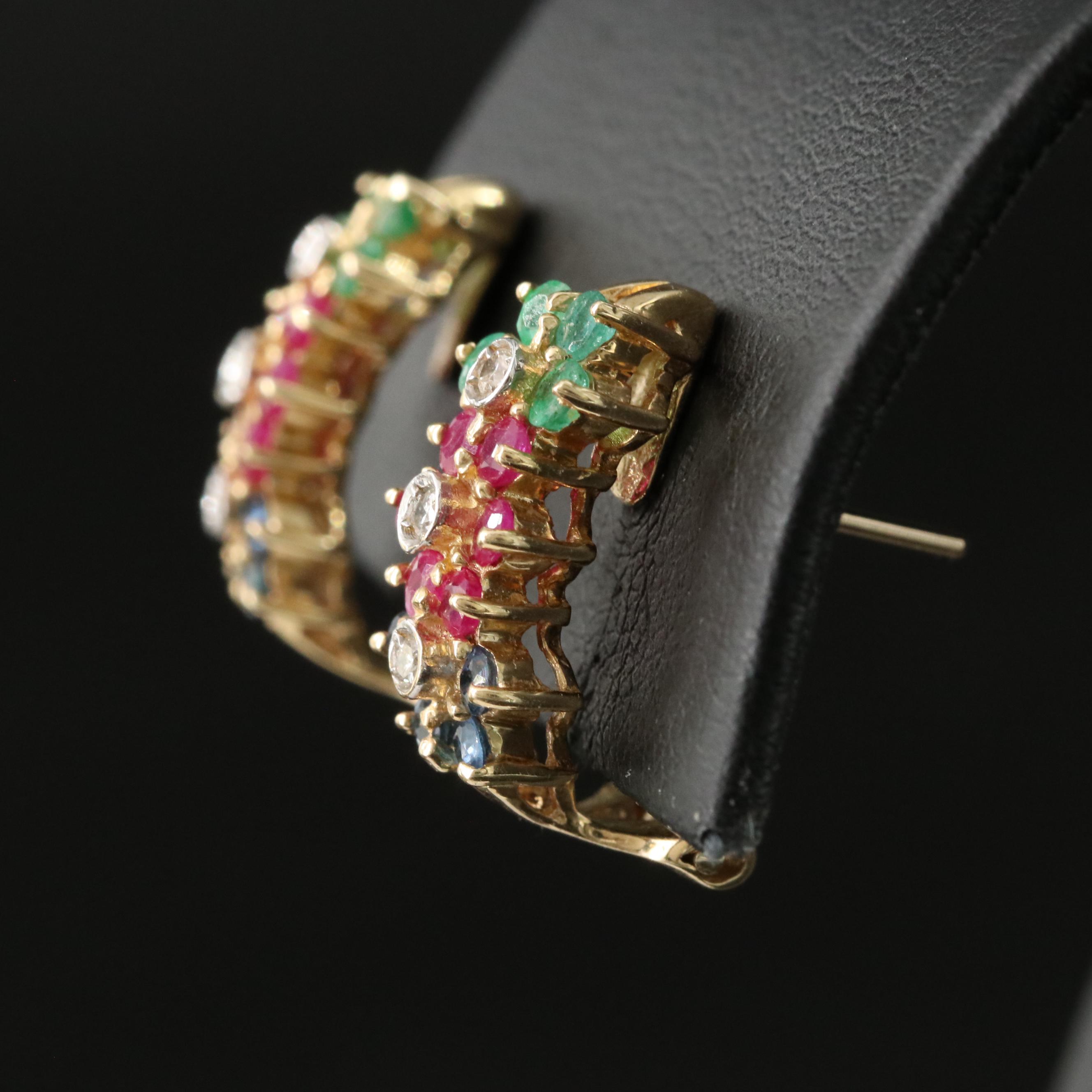 14K Emerald, Ruby, Sapphire and Diamond Earrings