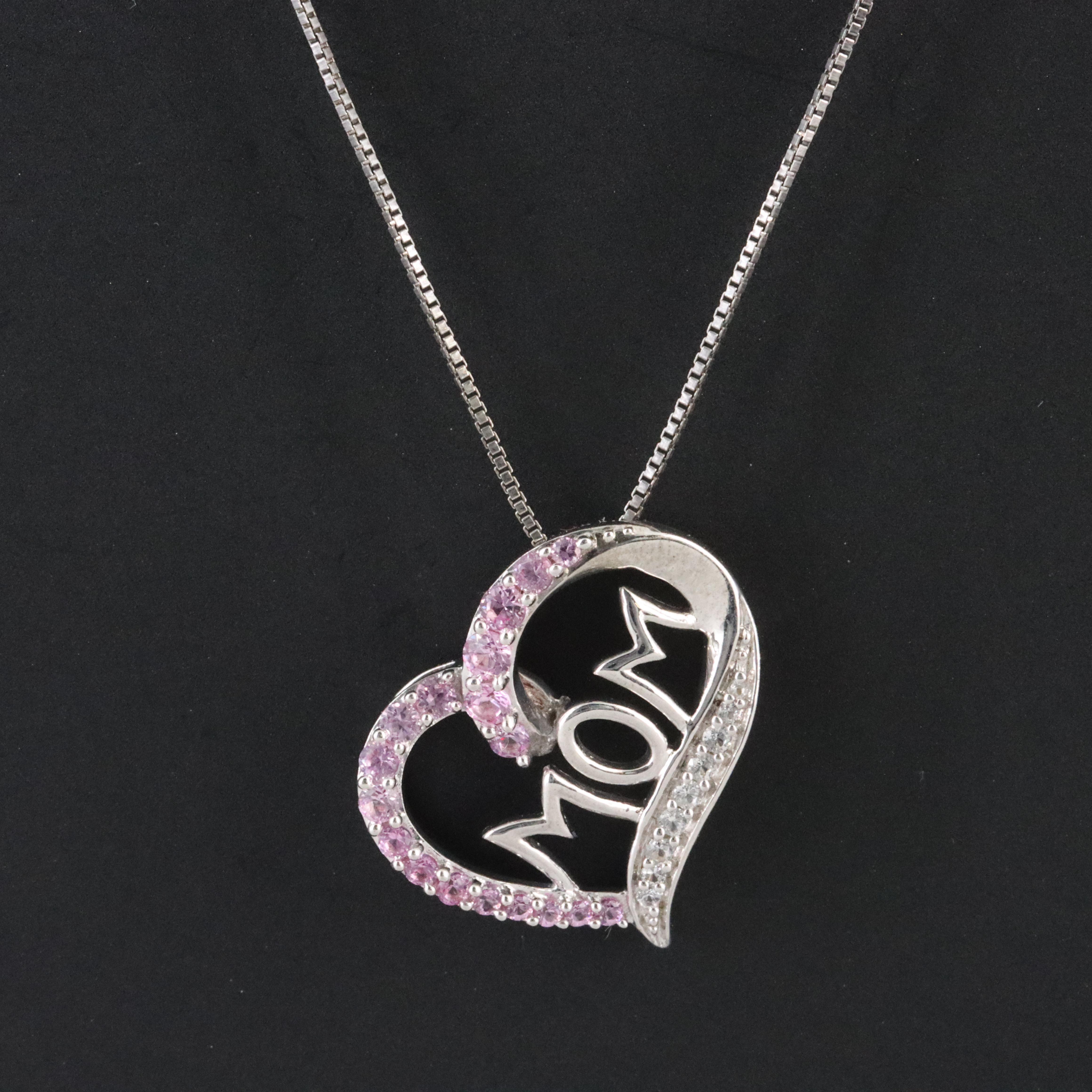 Sterling Pink and White Sapphire 'MOM' Heart Pendant Necklace