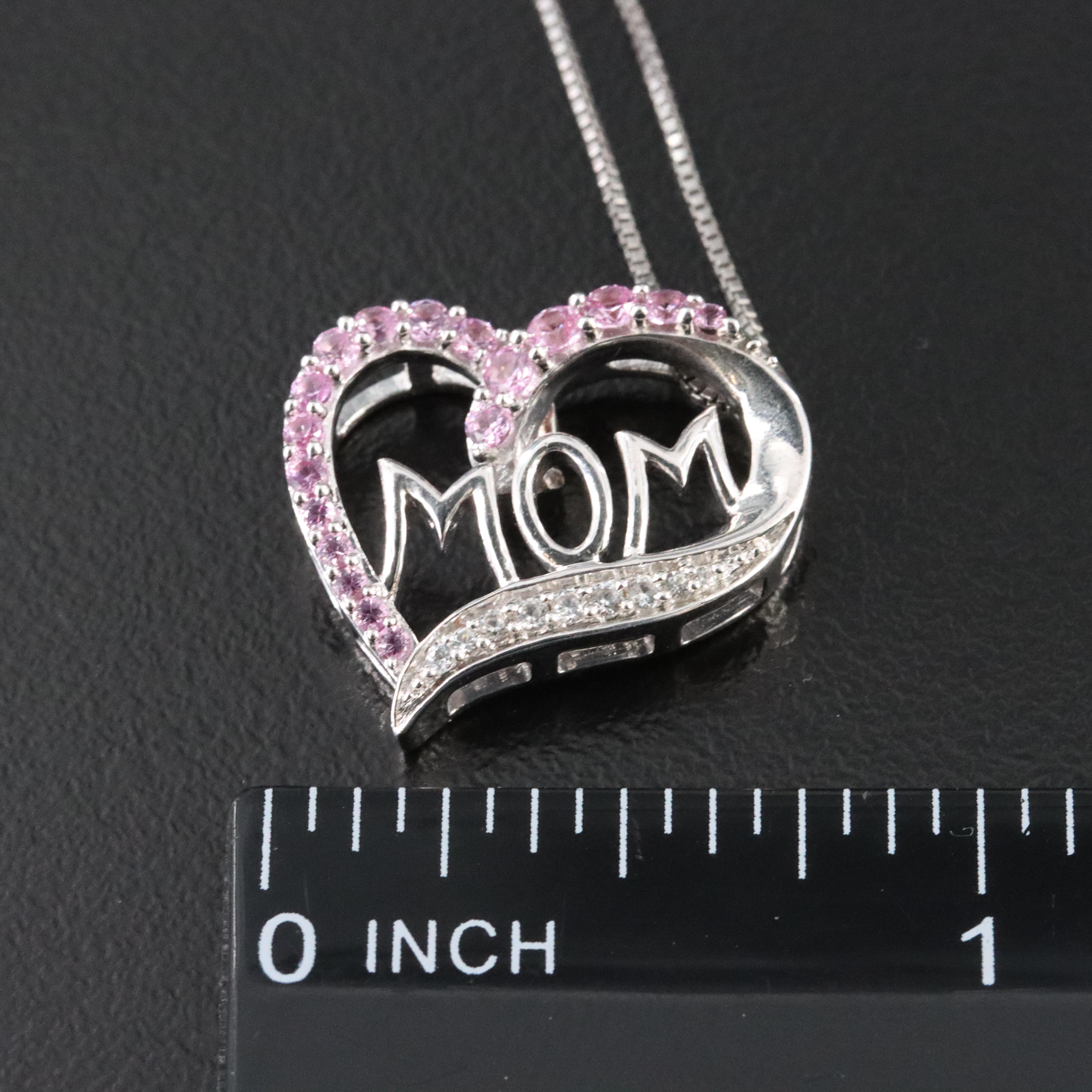 Sterling Pink and White Sapphire 'MOM' Heart Pendant Necklace