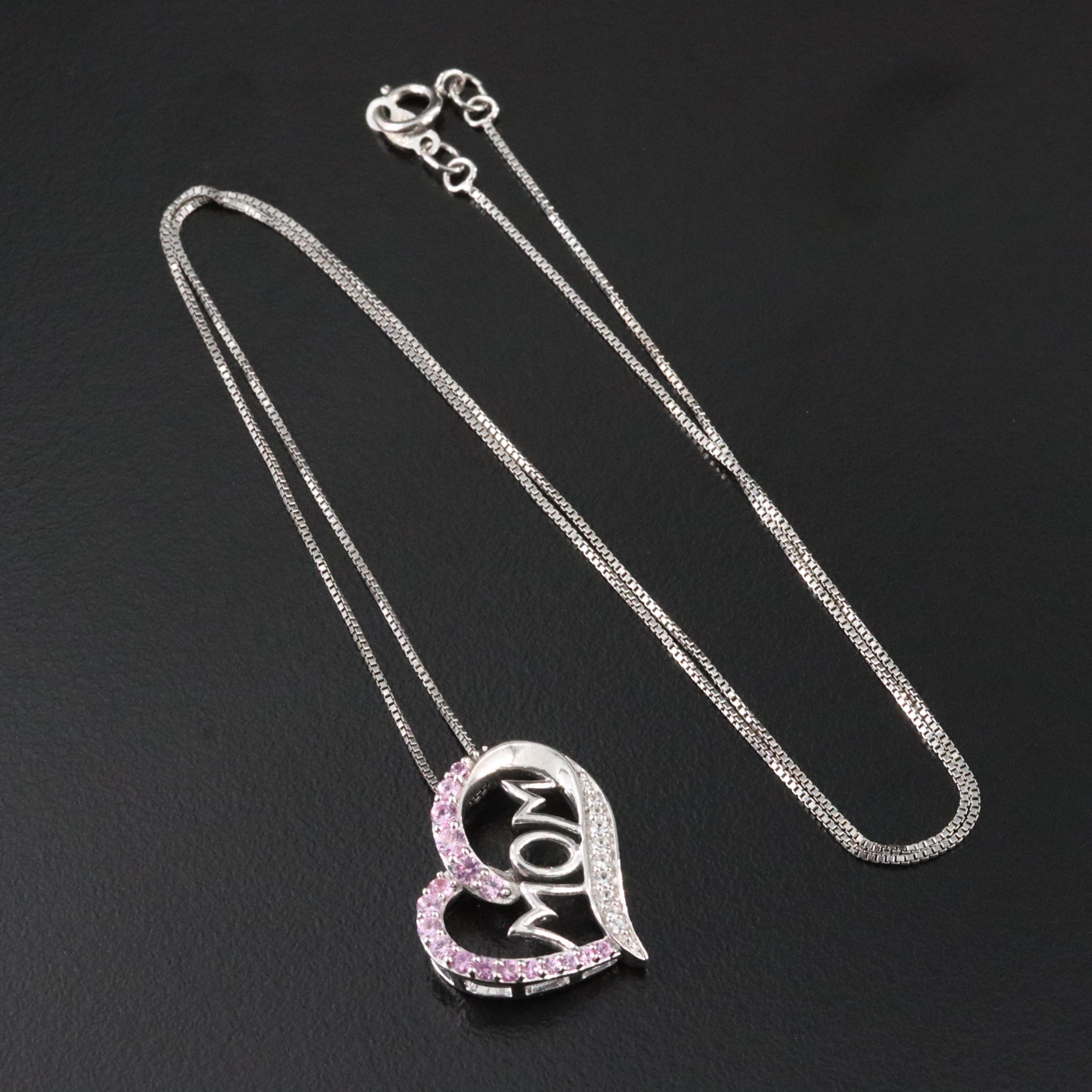 Sterling Pink and White Sapphire 'MOM' Heart Pendant Necklace