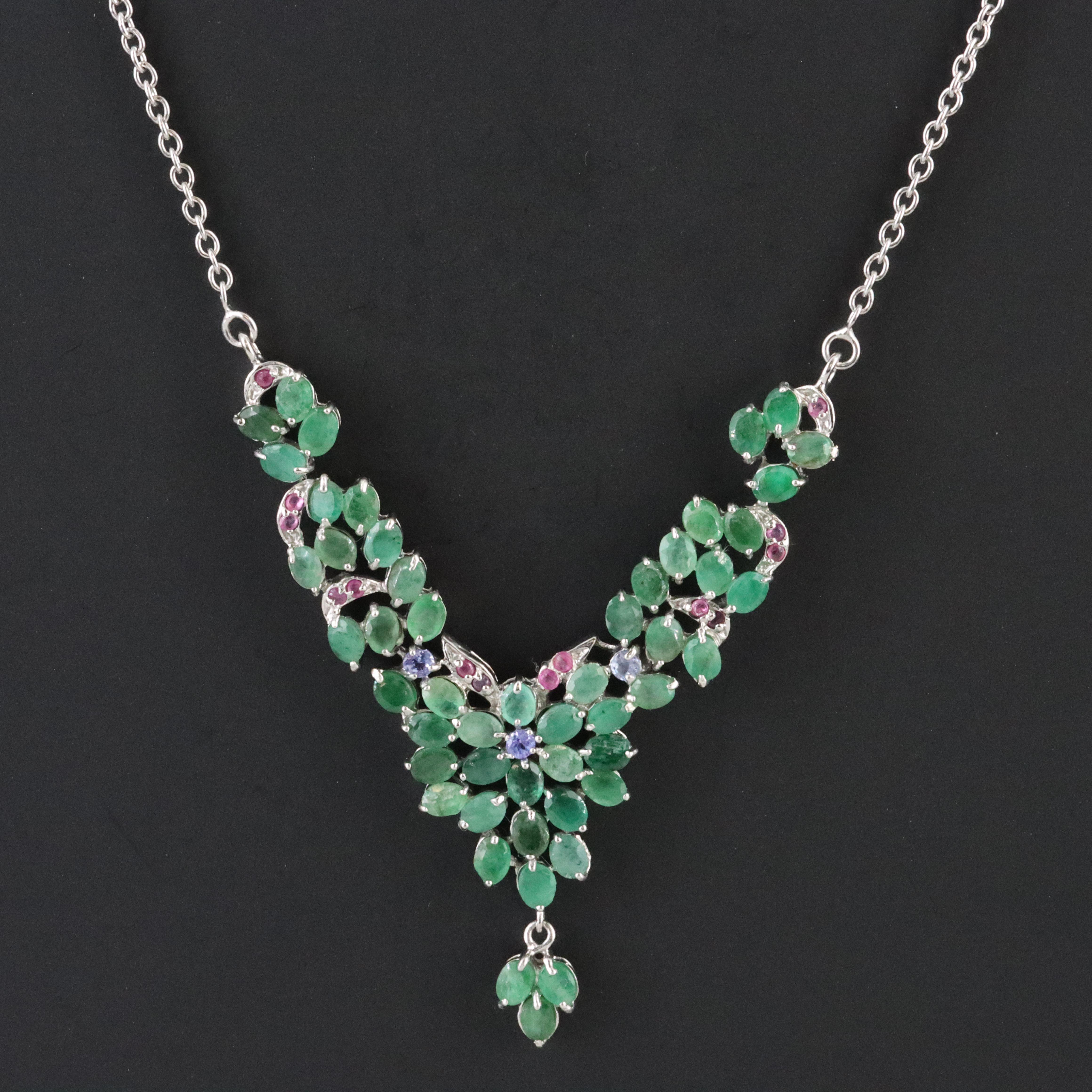 Sterling Emerald, Ruby, and Tanzanite Necklace