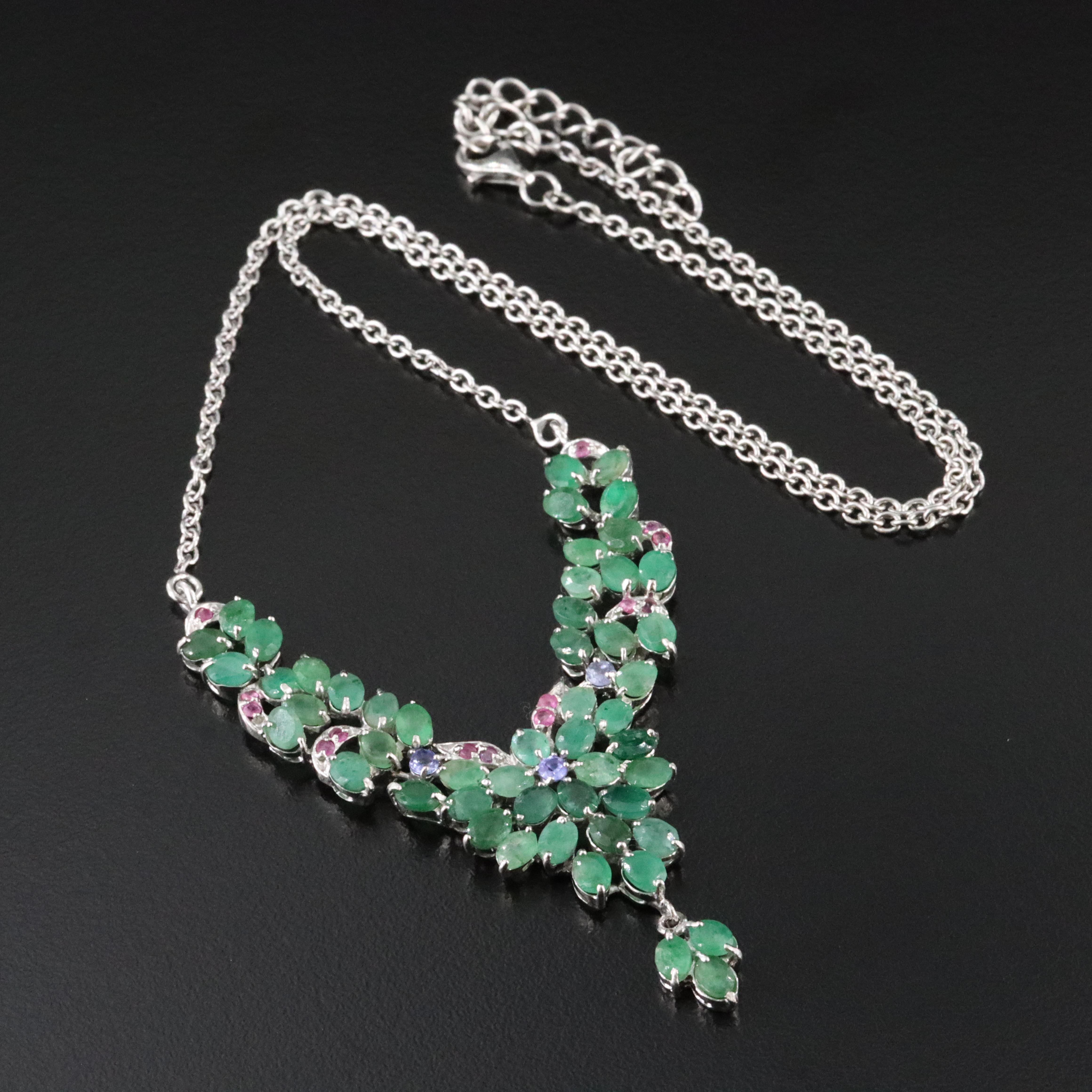 Sterling Emerald, Ruby, and Tanzanite Necklace