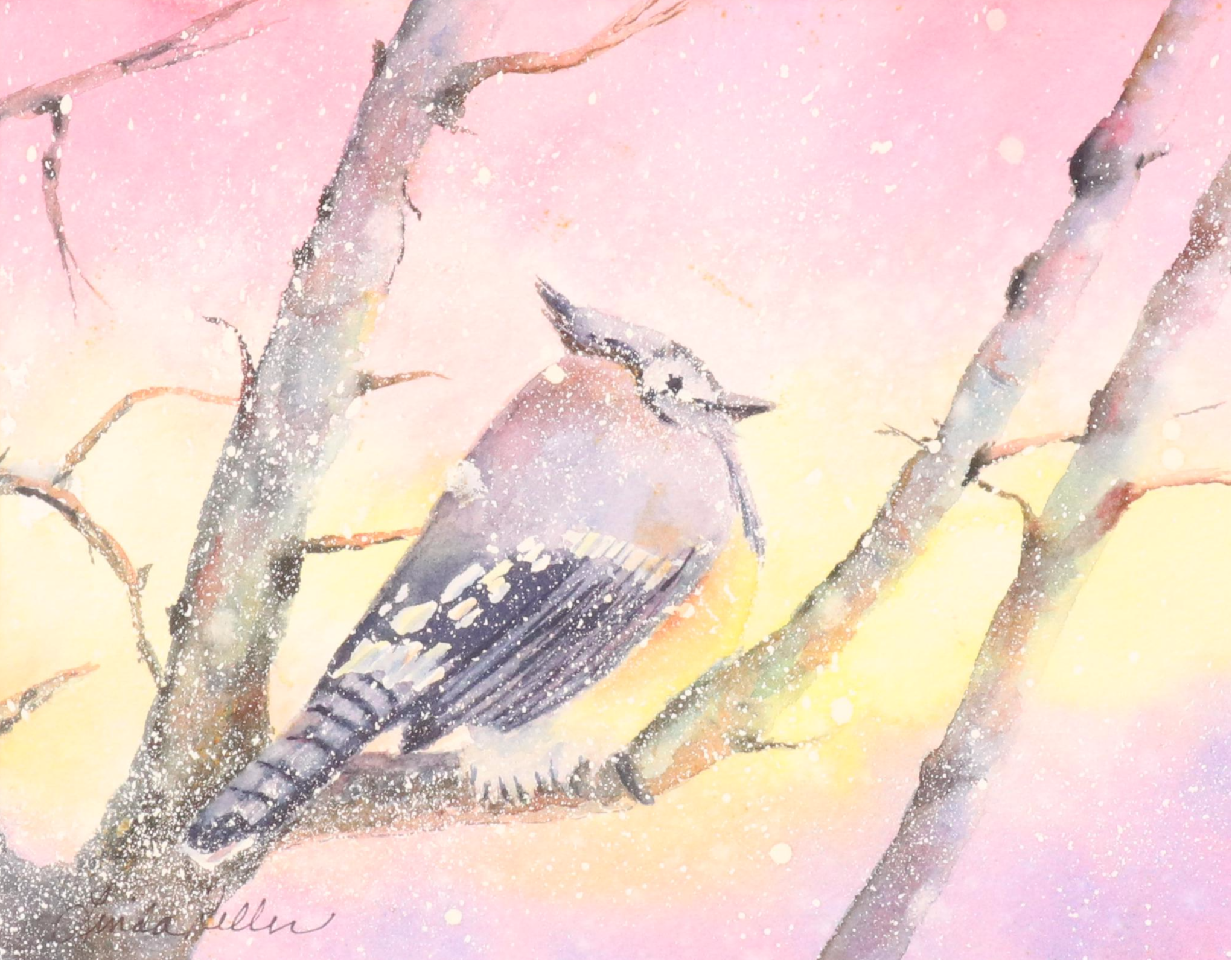 Linda Keller Watercolor Painting of Bird "Snowy Friend," 2008