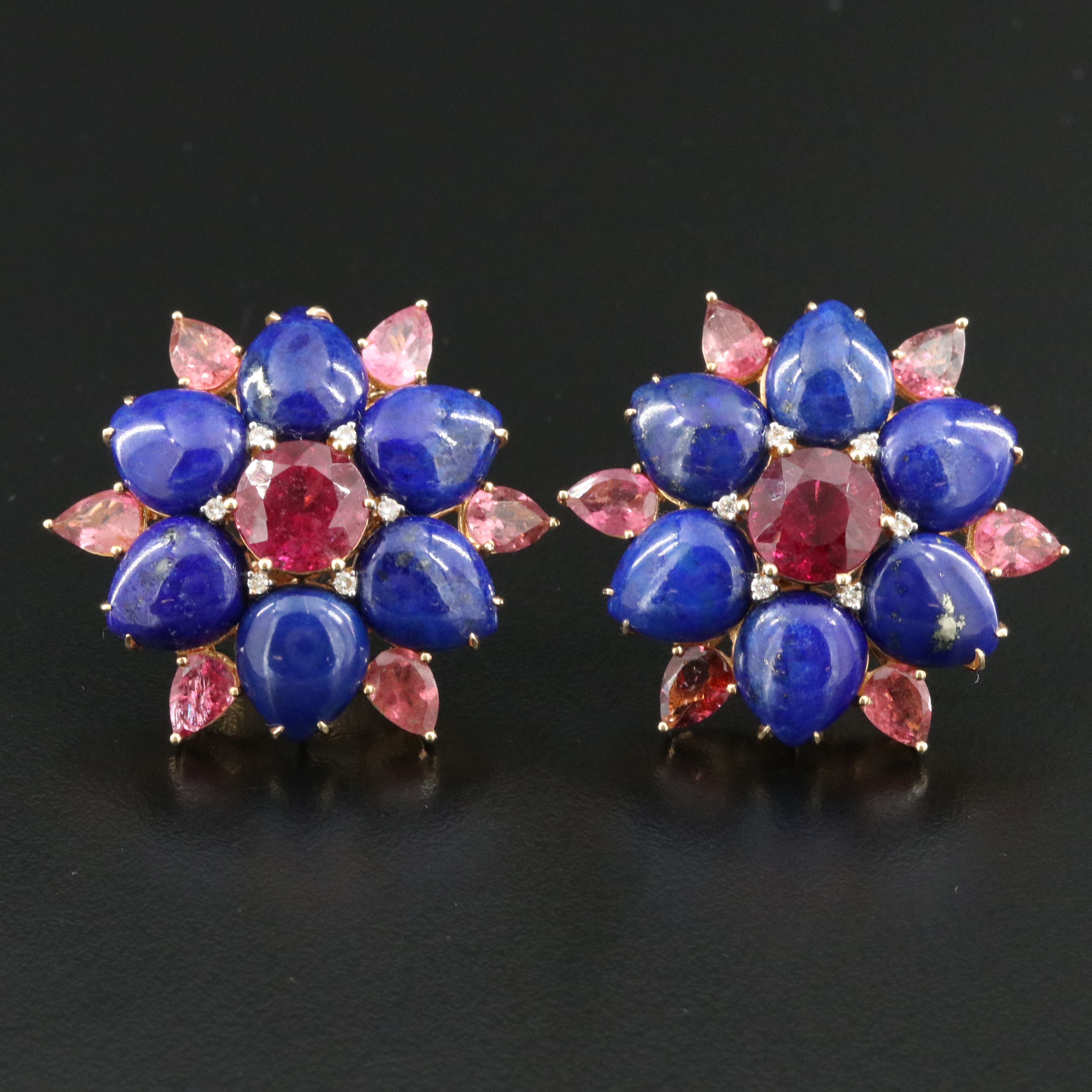 18K Lapis, Pink Tourmaline and Diamond Earrings Vintage