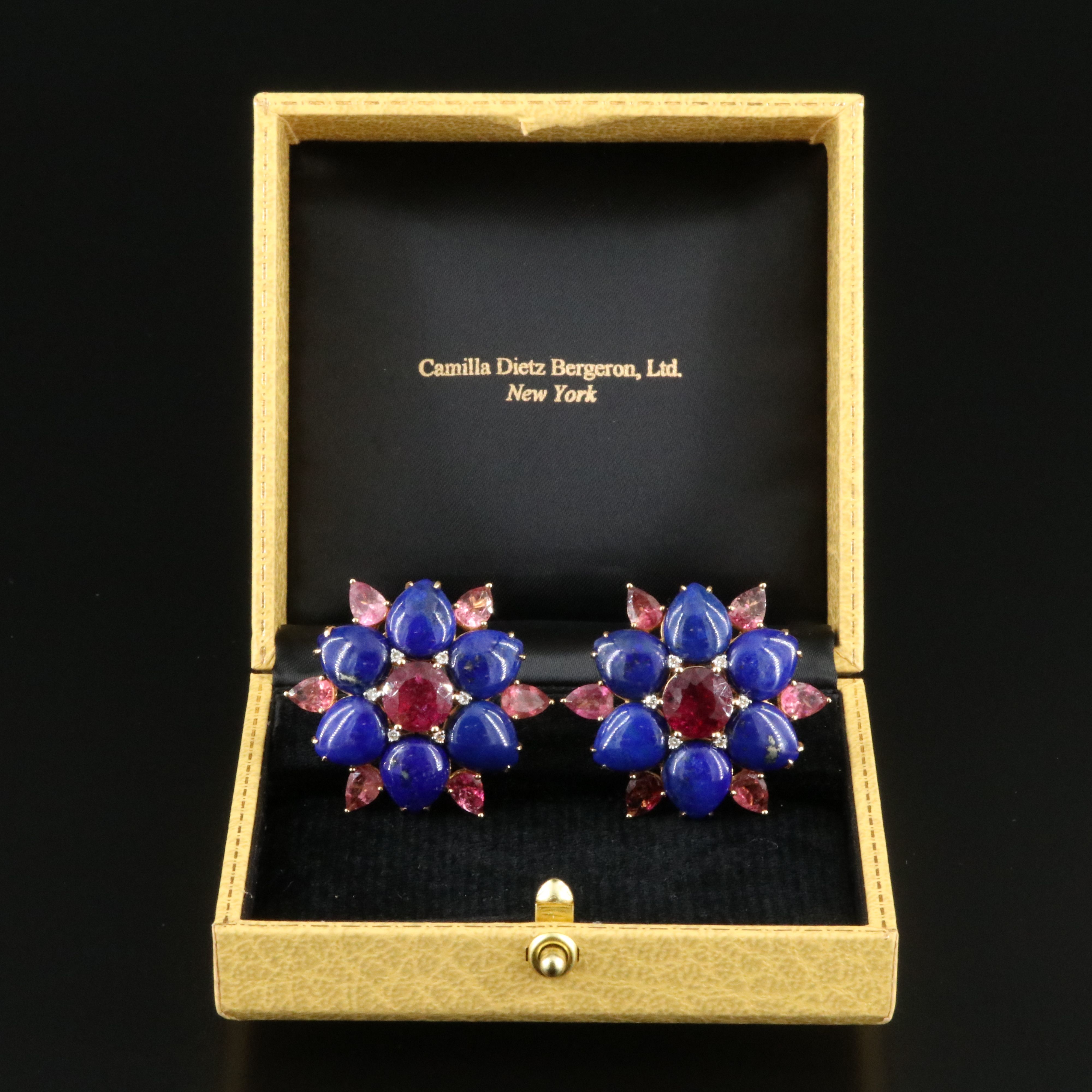 18K Lapis, Pink Tourmaline and Diamond Earrings Vintage