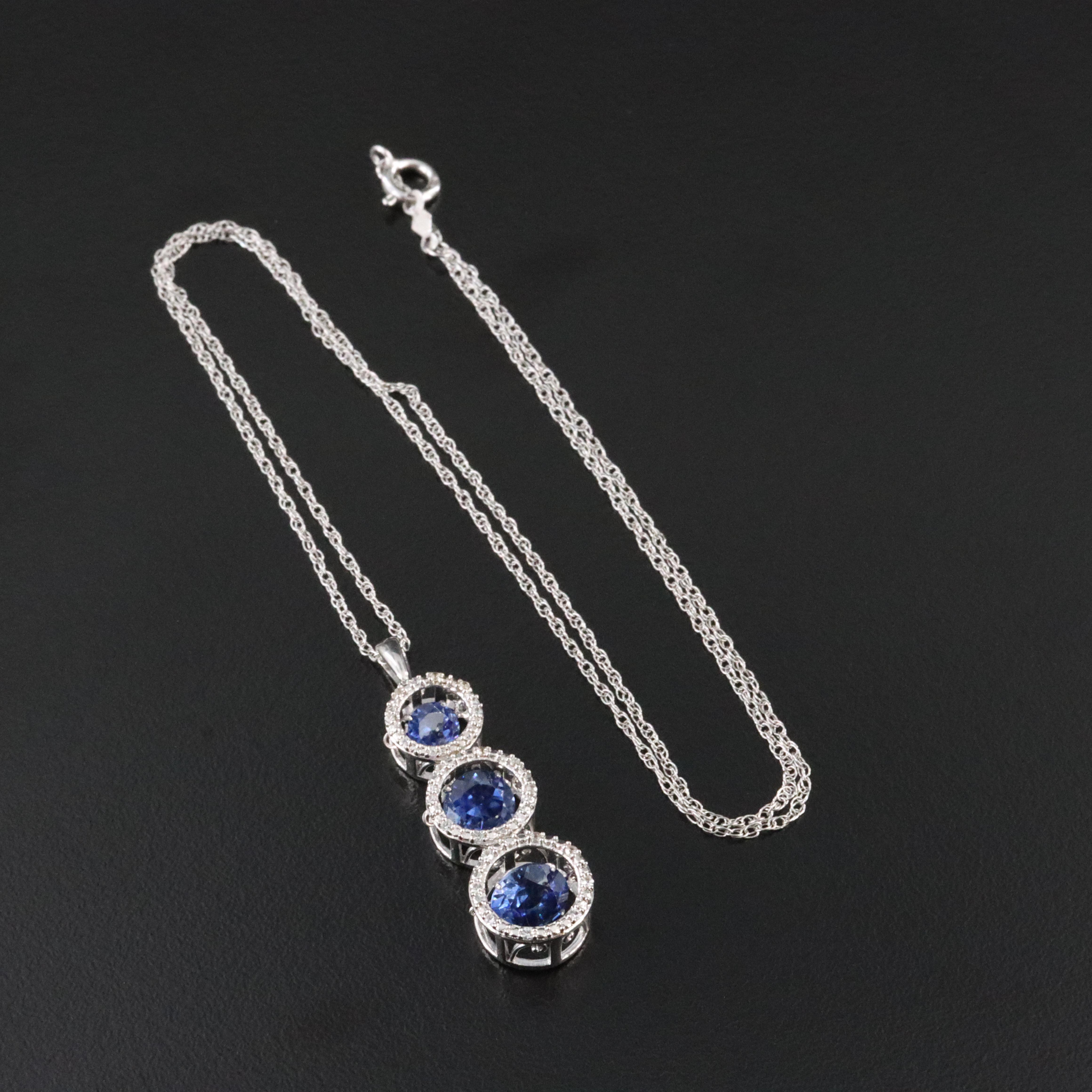 Sterling Blue and White Sapphire Trembler Pendant Necklace