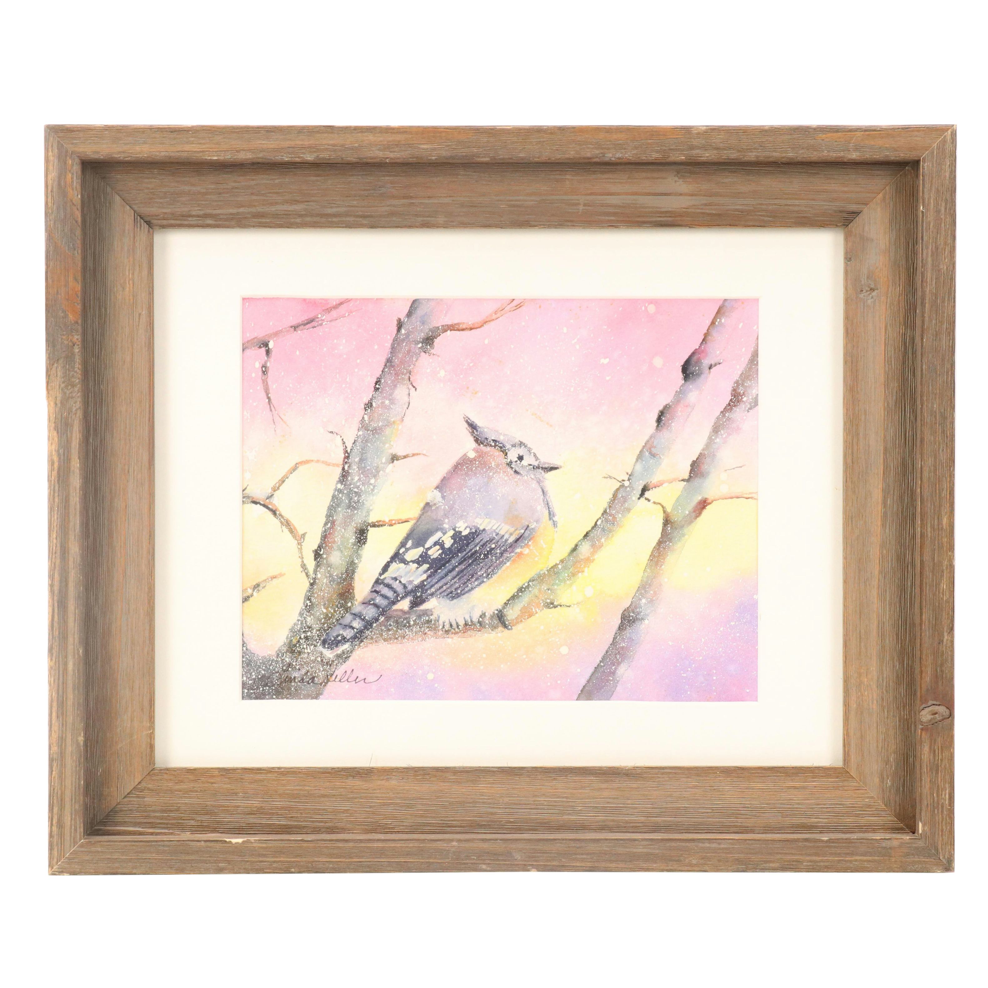 Linda Keller Watercolor Painting of Bird "Snowy Friend," 2008