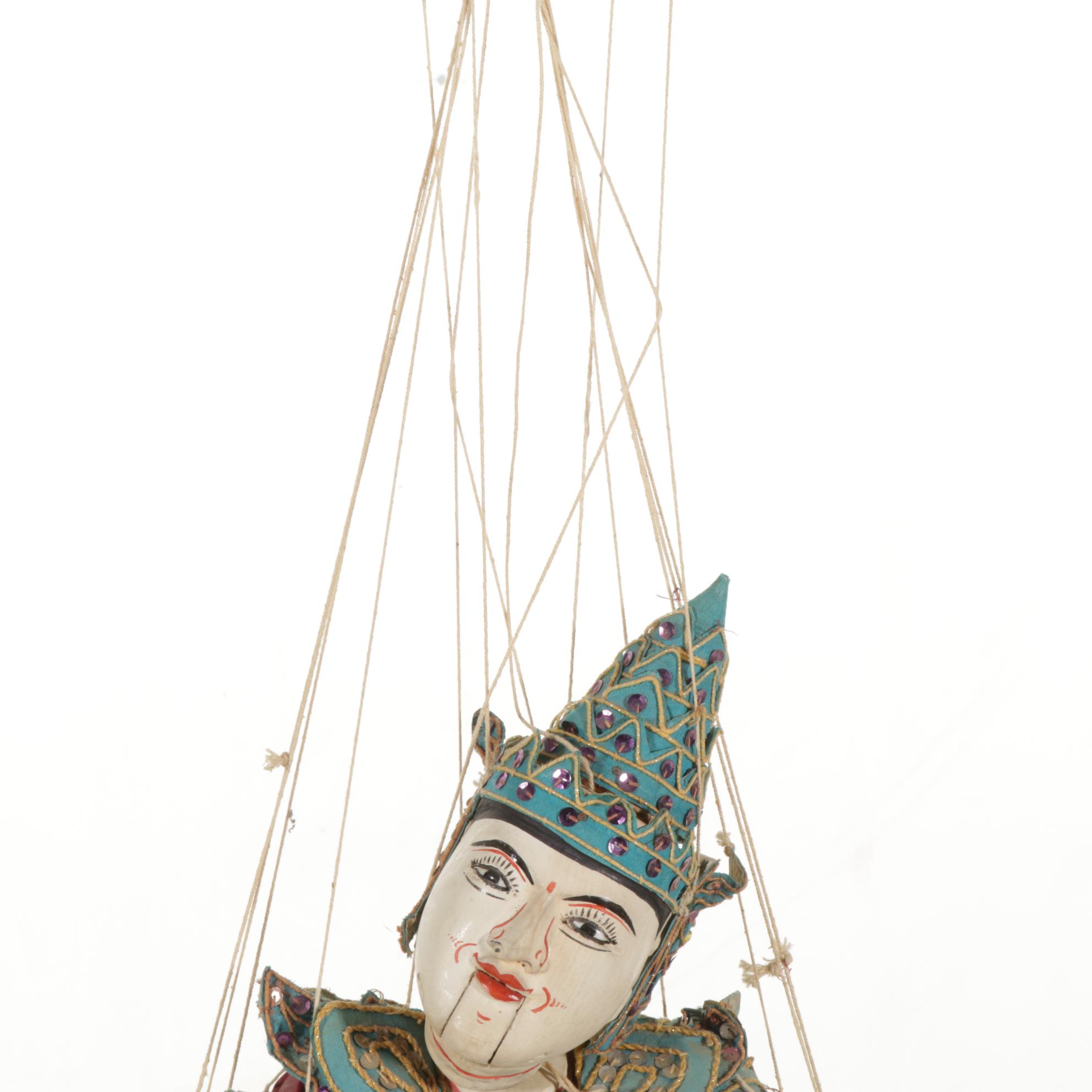 Burmese Carved Wood and Silk Articulated Marionette, Mid to Late 20th Century