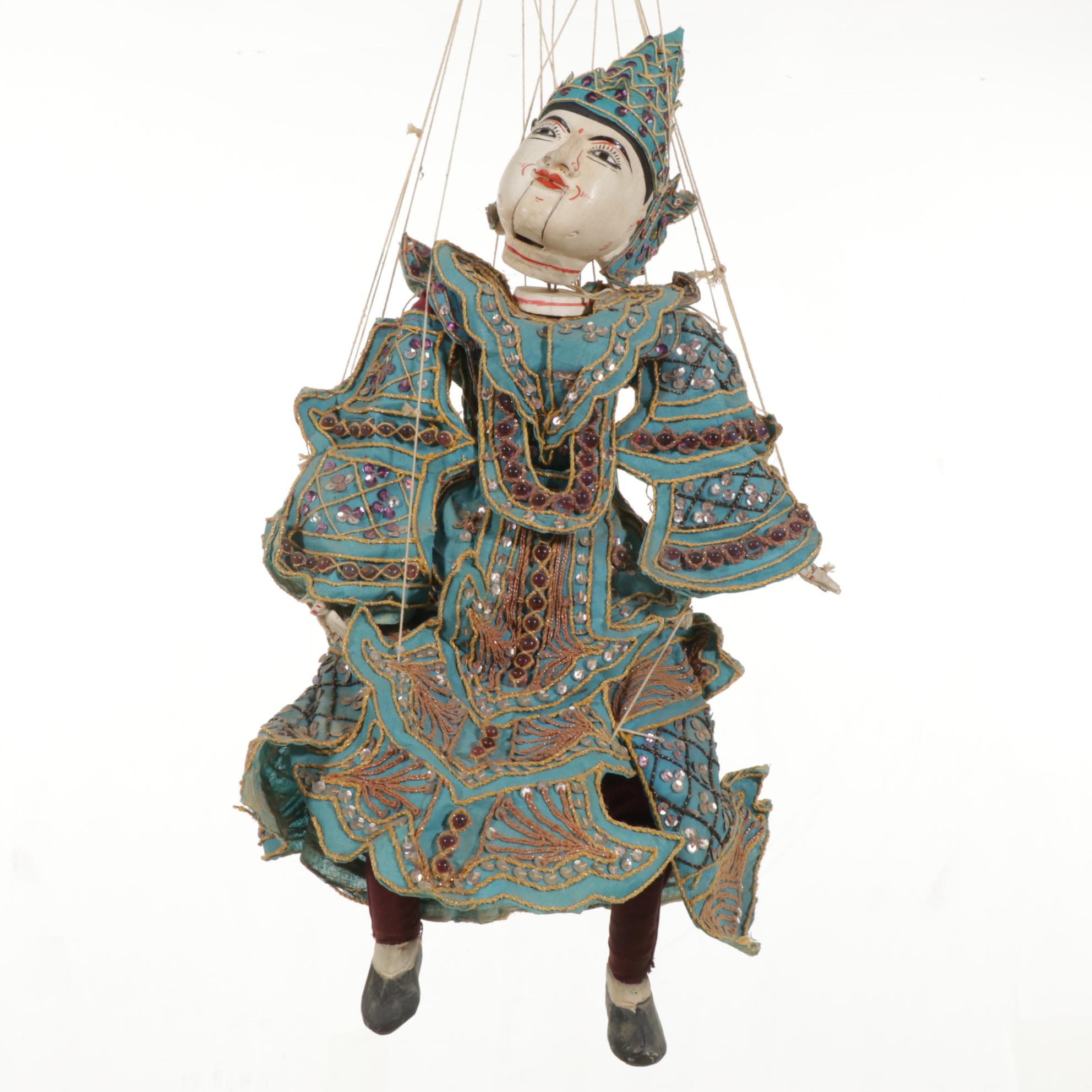 Burmese Carved Wood and Silk Articulated Marionette, Mid to Late 20th Century