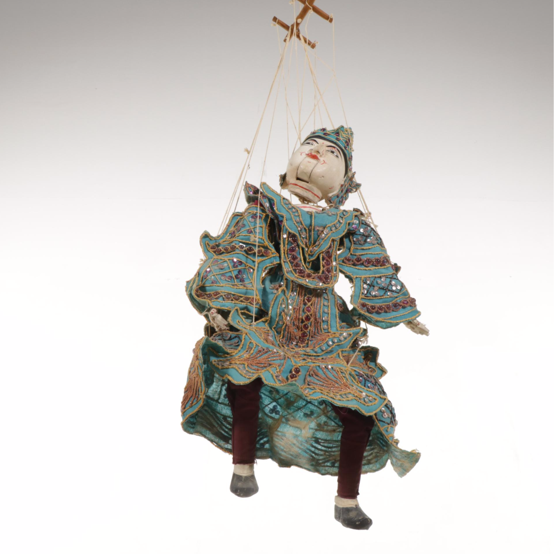 Burmese Carved Wood and Silk Articulated Marionette, Mid to Late 20th Century