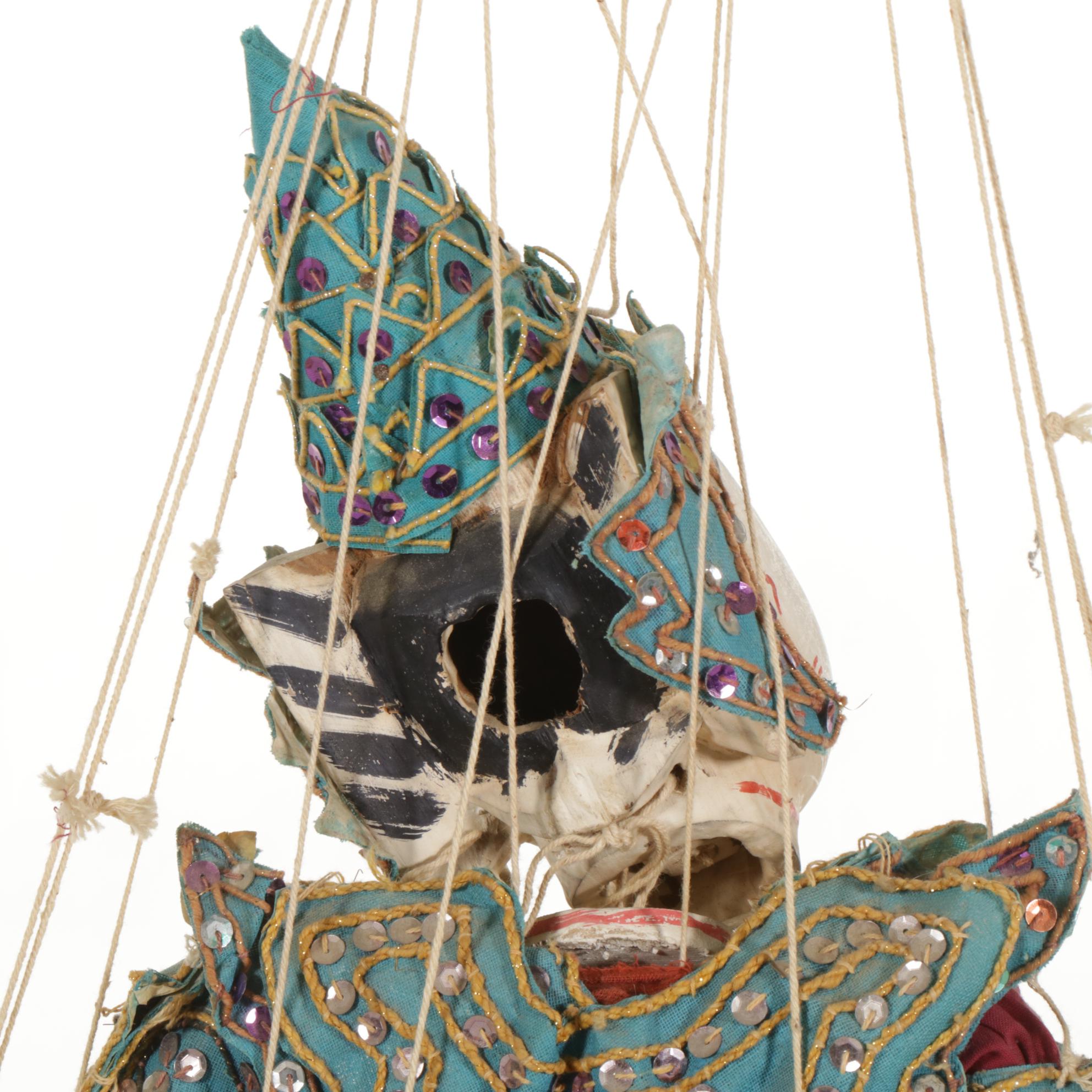 Burmese Carved Wood and Silk Articulated Marionette, Mid to Late 20th Century