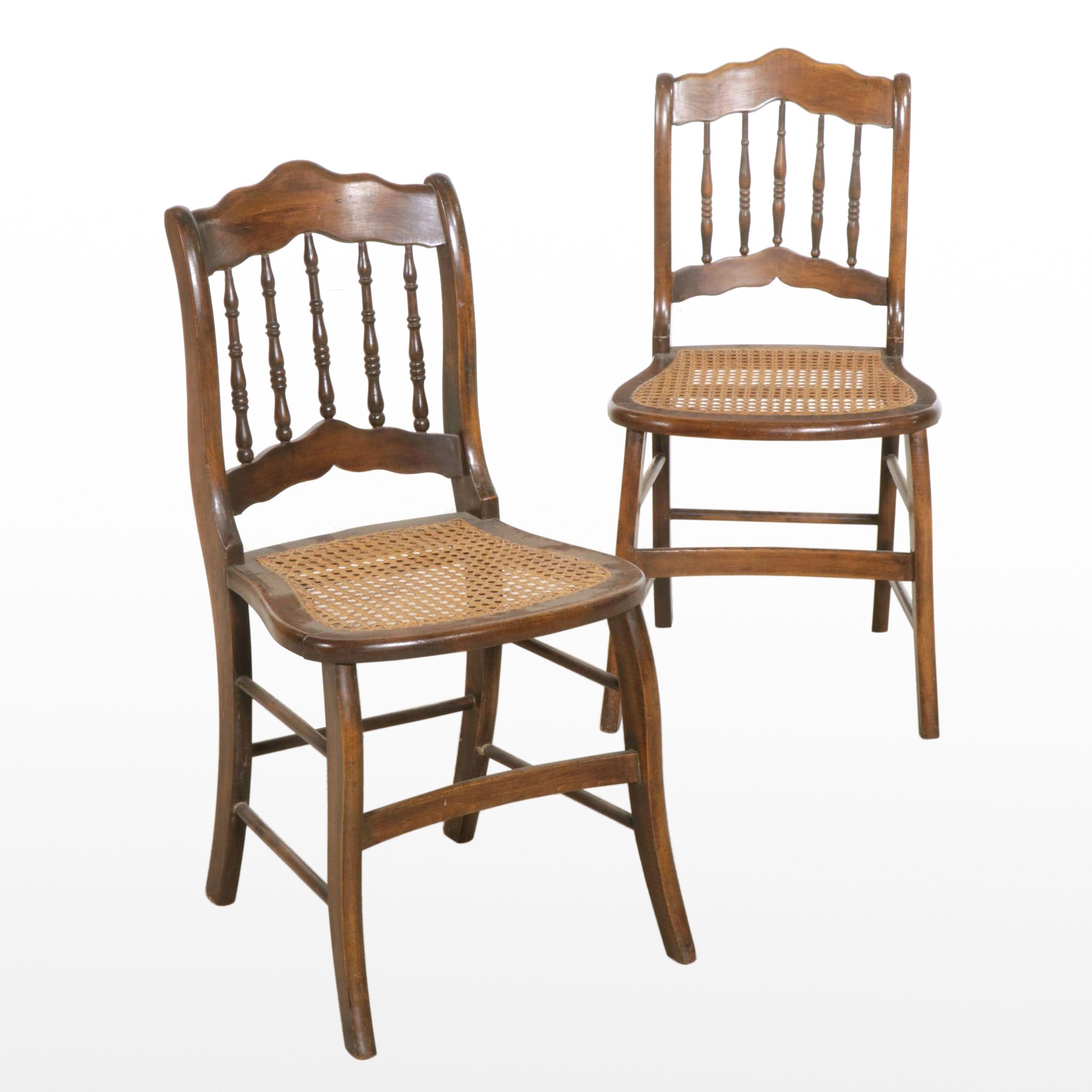 Victorian Walnut Spindle-Back Side Chairs with Woven Cane Seats