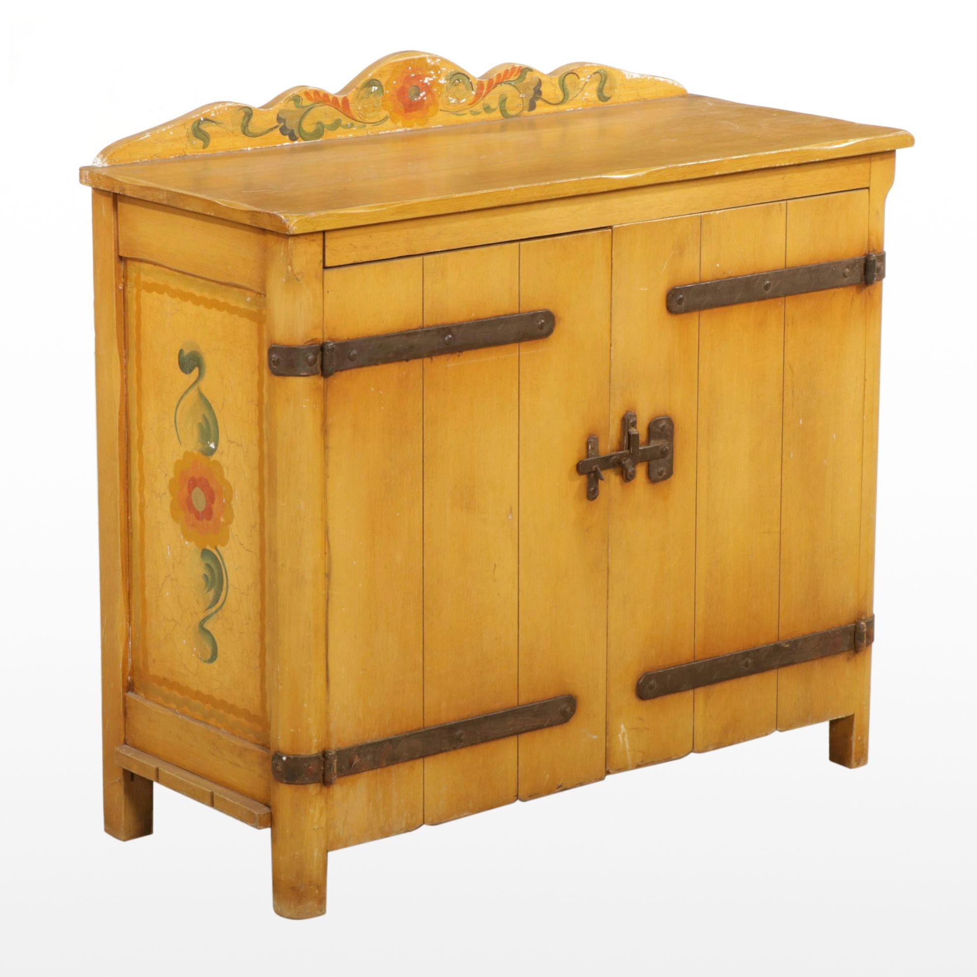 American Primitive Painted Cabinet with Forged Iron Hinges, Mid-20th Century