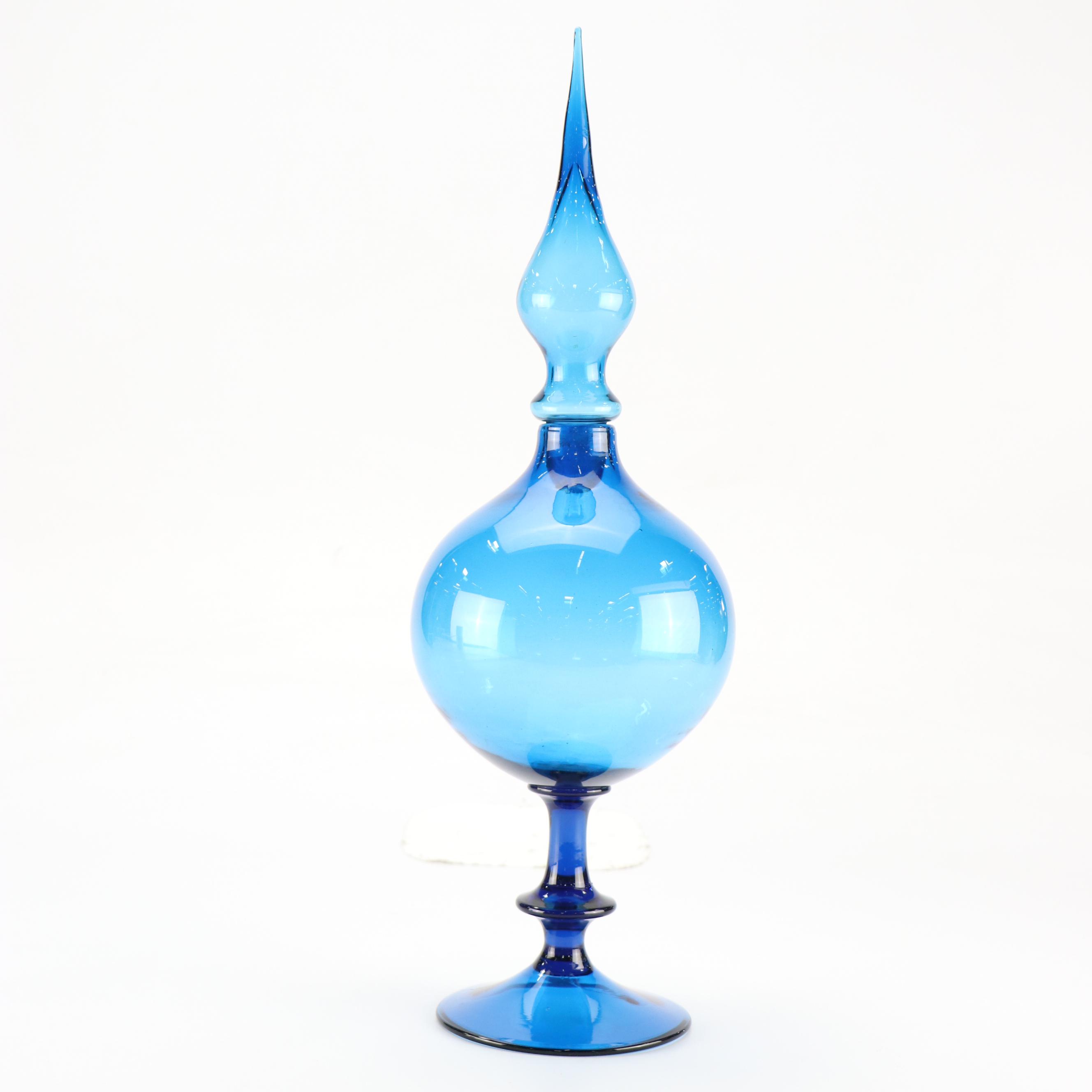 Italian Mid Century Modern Style Cobalt Style Pinched Finial Art Glass Decanter