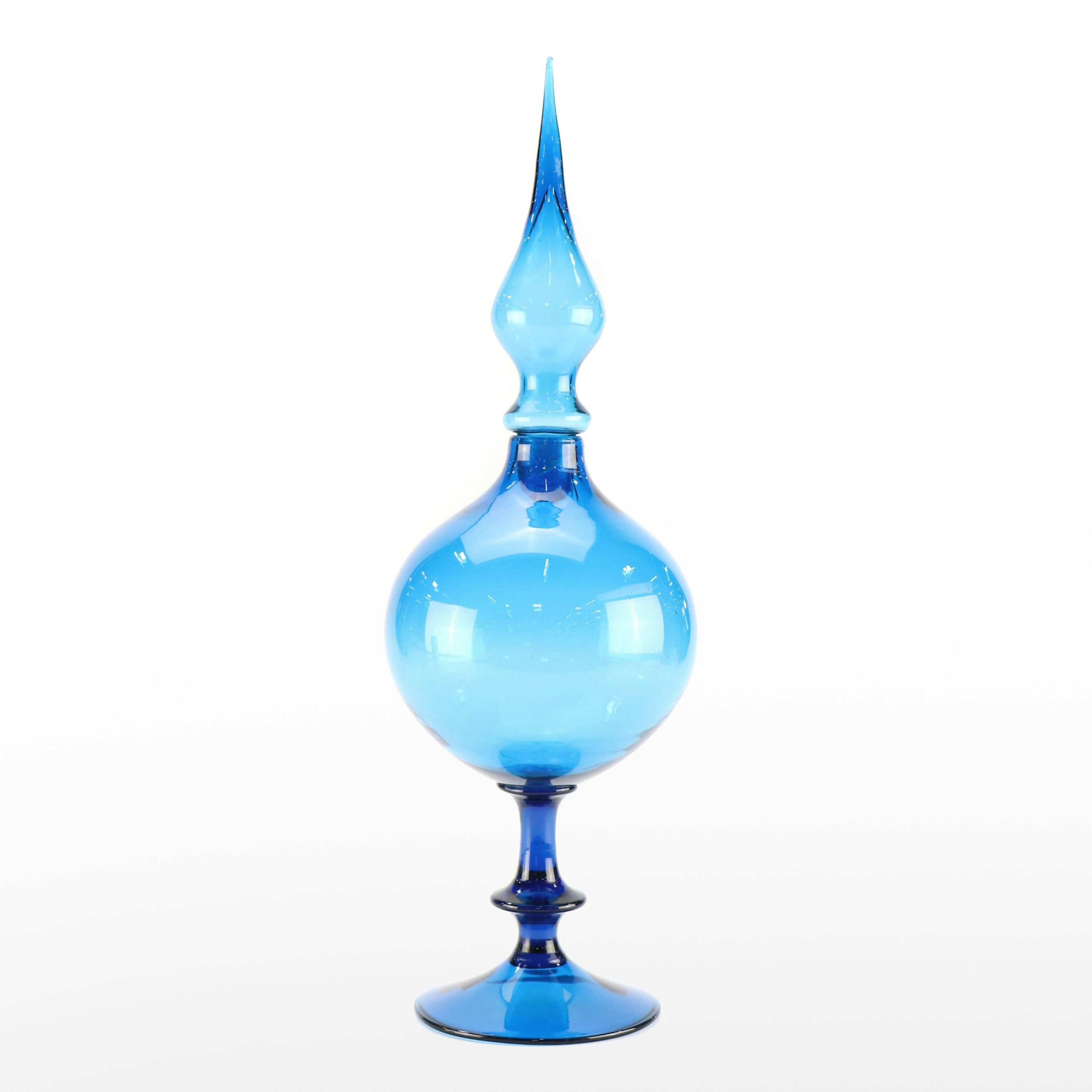 Italian Mid Century Modern Style Cobalt Style Pinched Finial Art Glass Decanter