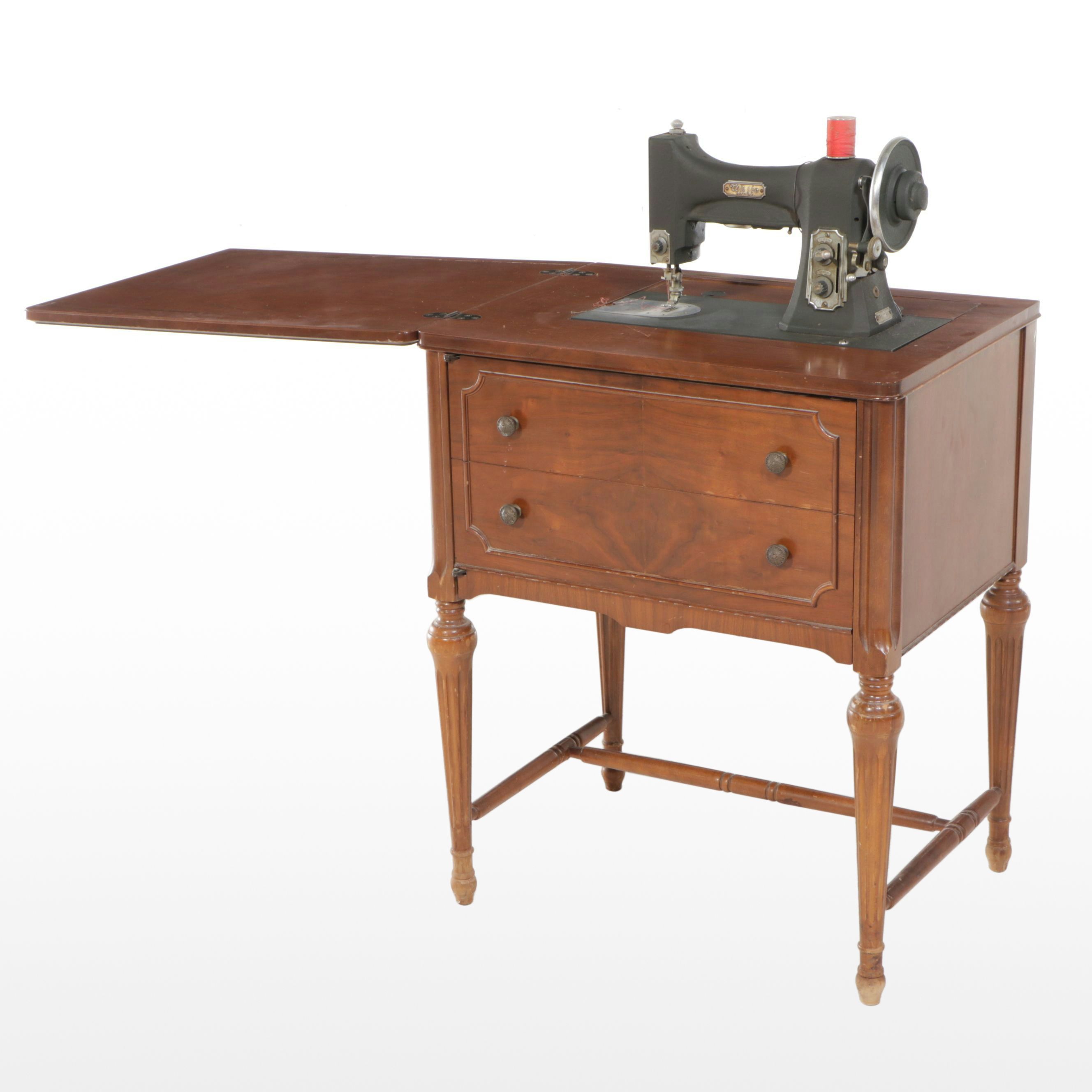White Sewing Machine and Mahogany Veneer Sewing Machine Table