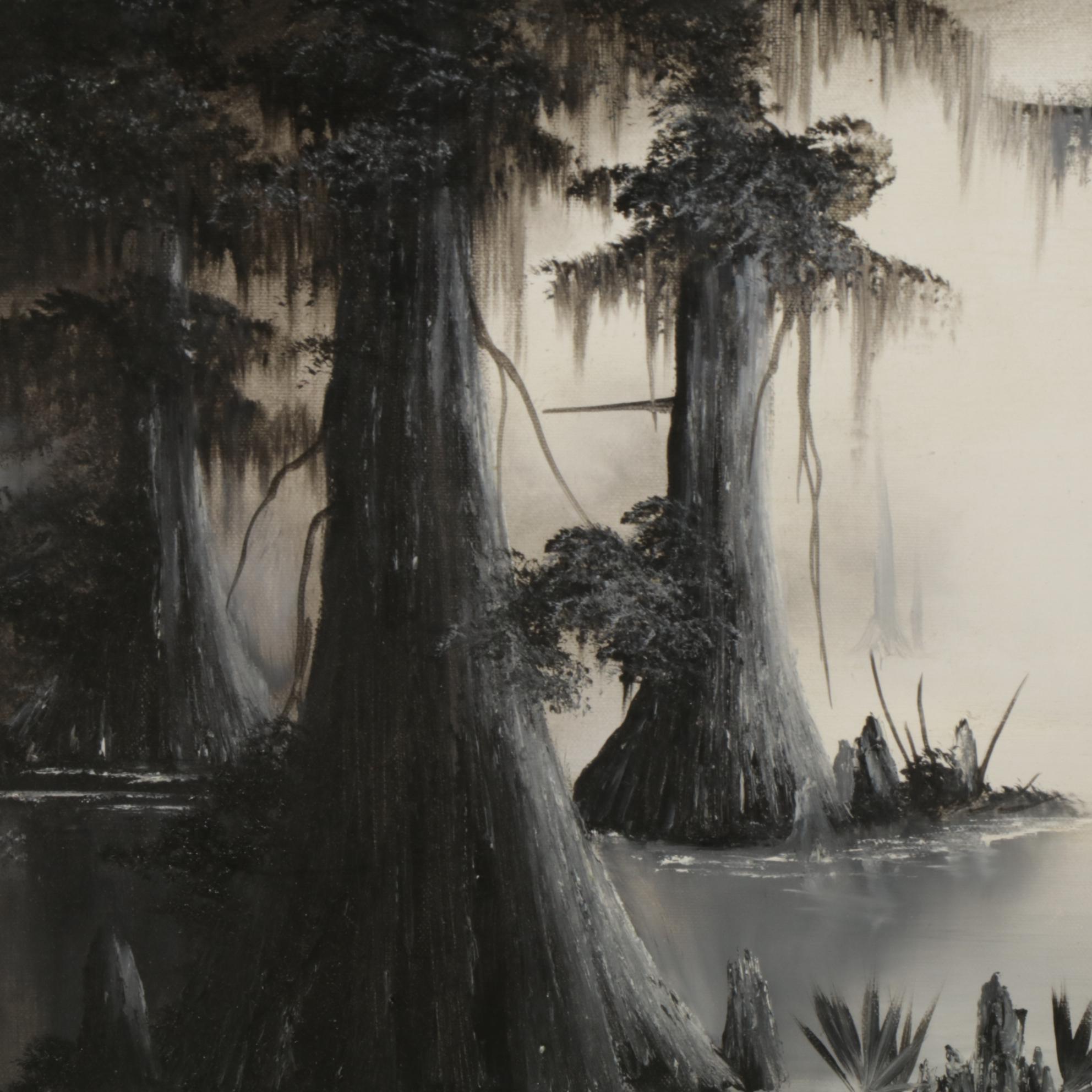 Miriam Ragan Grey Monochrome Swamp Landscape Oil Painting, Late 20th Century