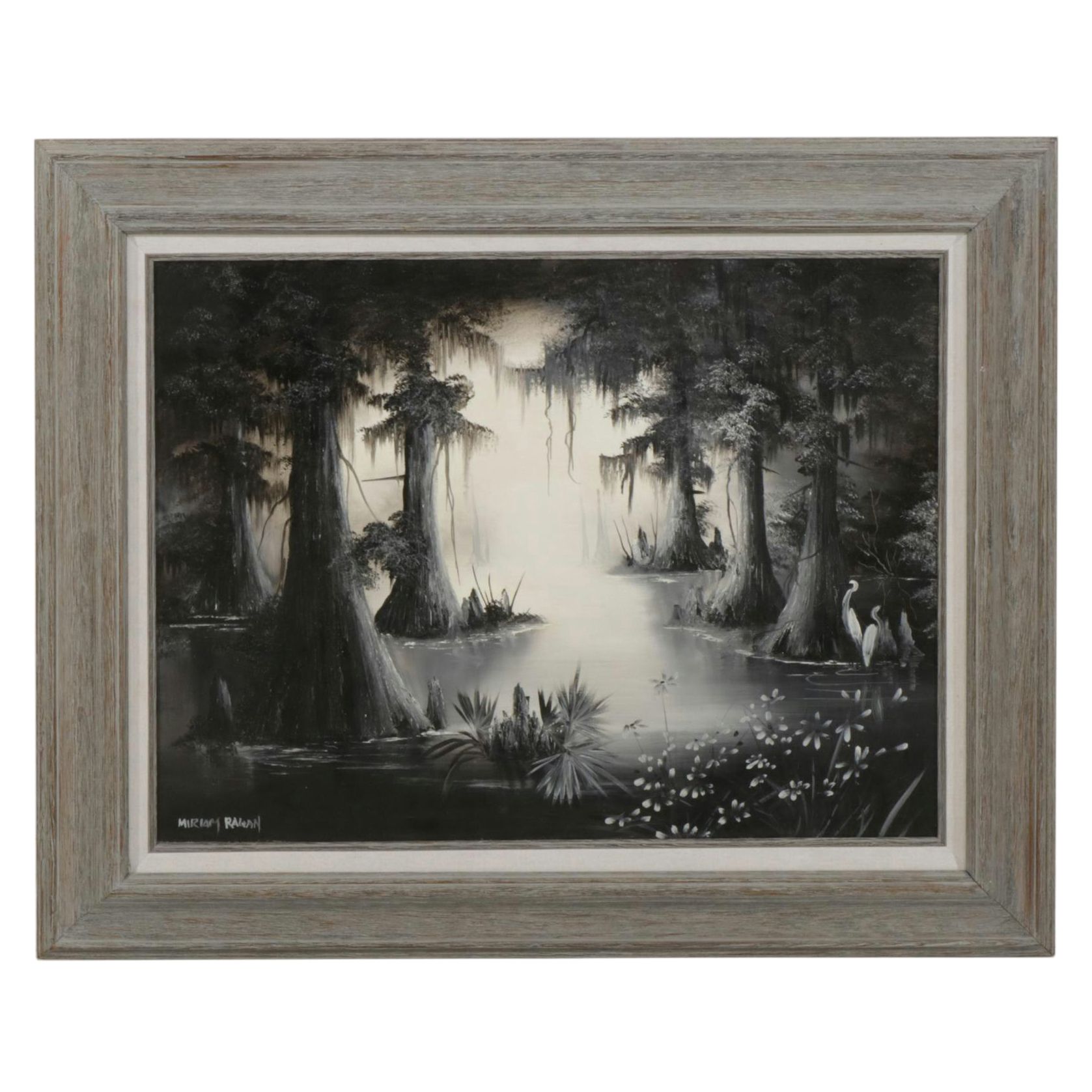 Miriam Ragan Grey Monochrome Swamp Landscape Oil Painting, Late 20th Century