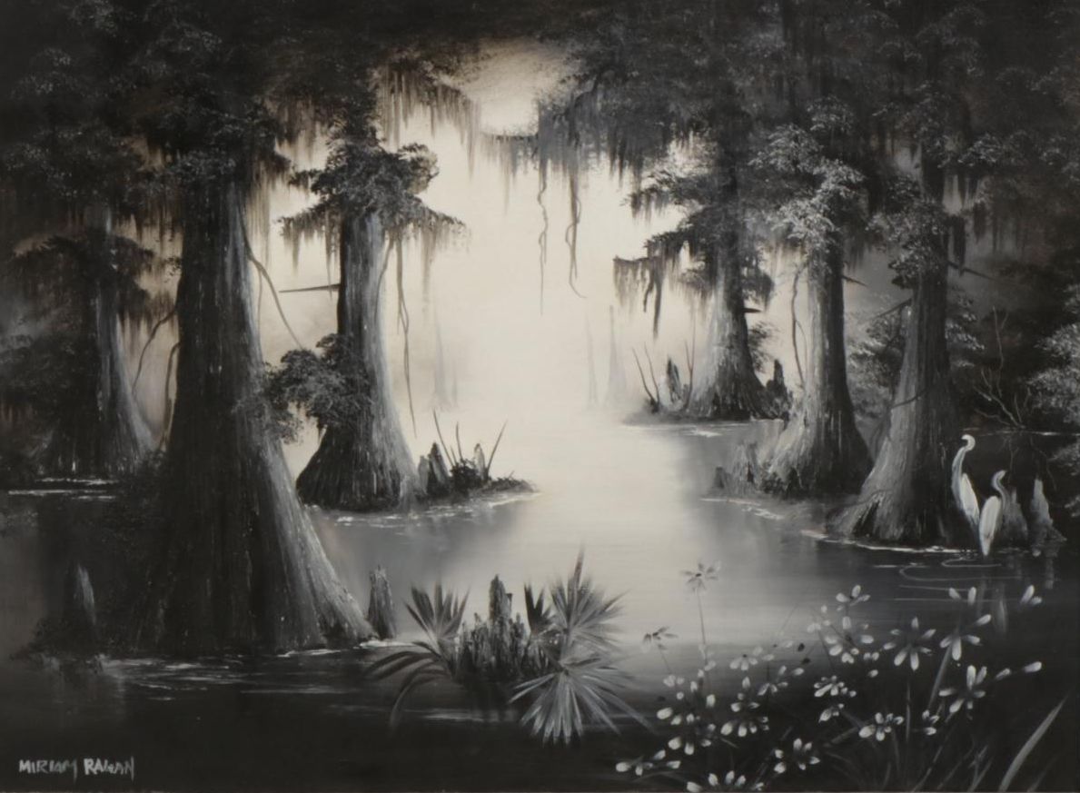 Miriam Ragan Grey Monochrome Swamp Landscape Oil Painting, Late 20th Century