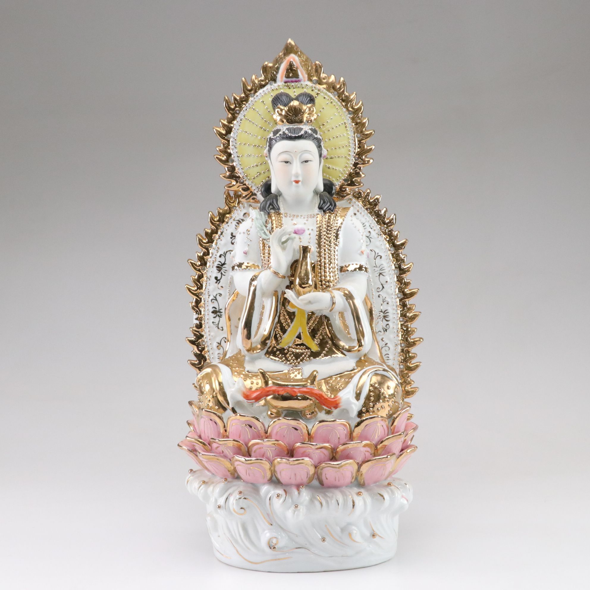 Chinese Guan Yin Seated Gilt Porcelain Figurine