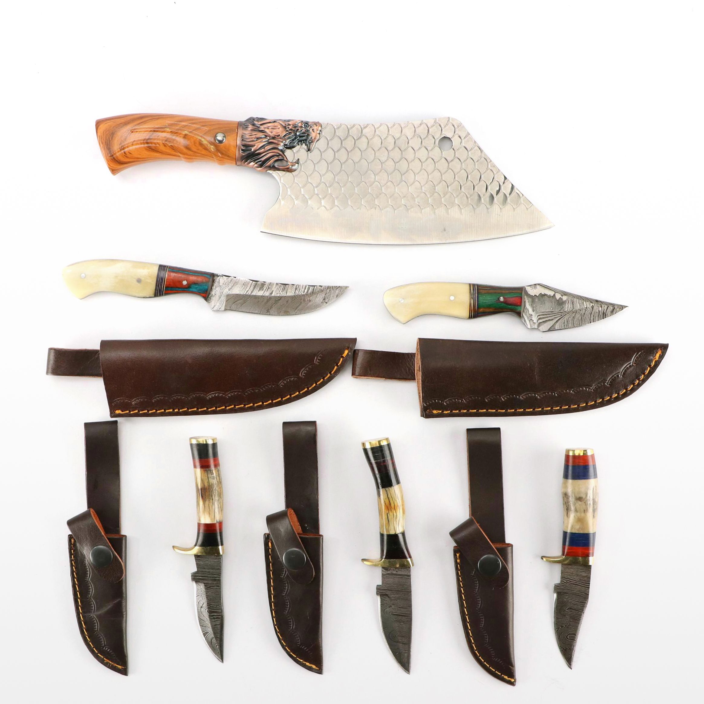 Damascus Steel and Antler Handled Skinner Knives with Hunting Knives and Cleaver