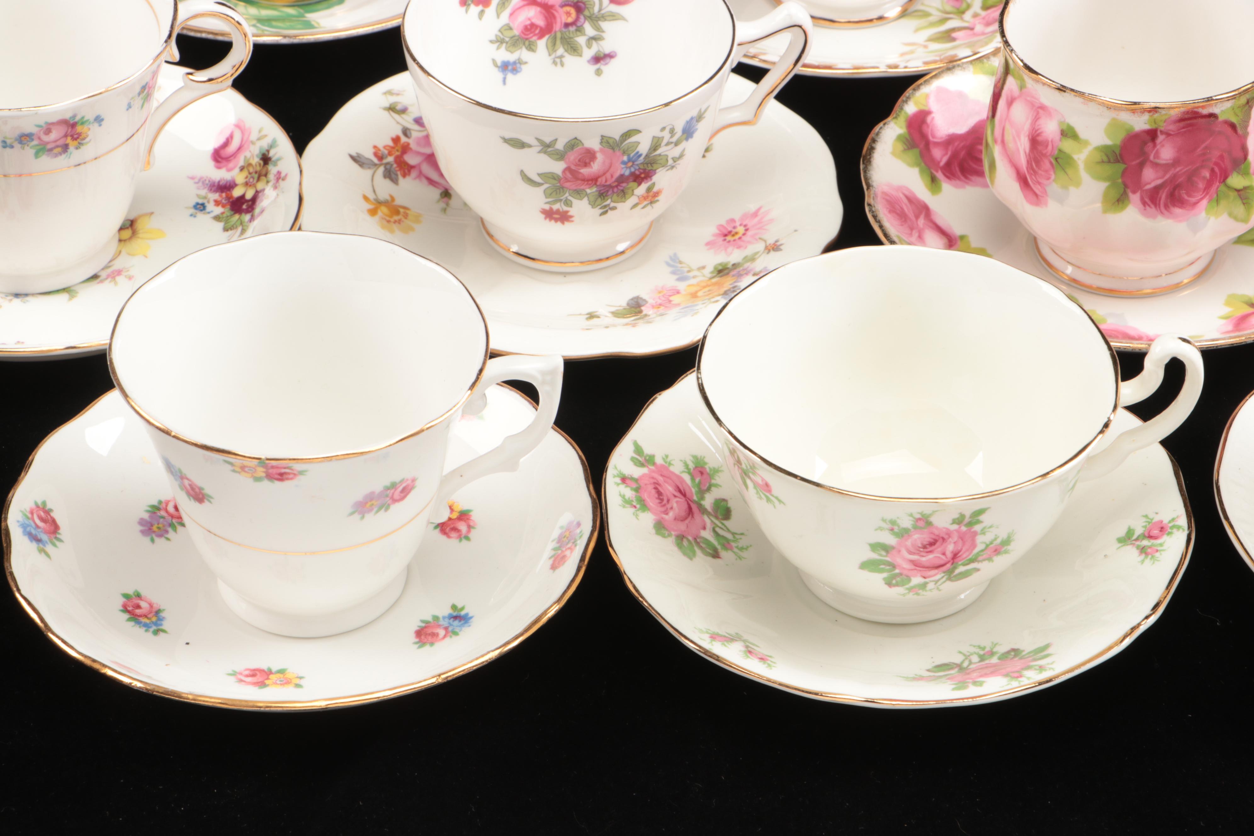 Vintage Floral Pattern Teacups with Saucers and Other Table Accessories