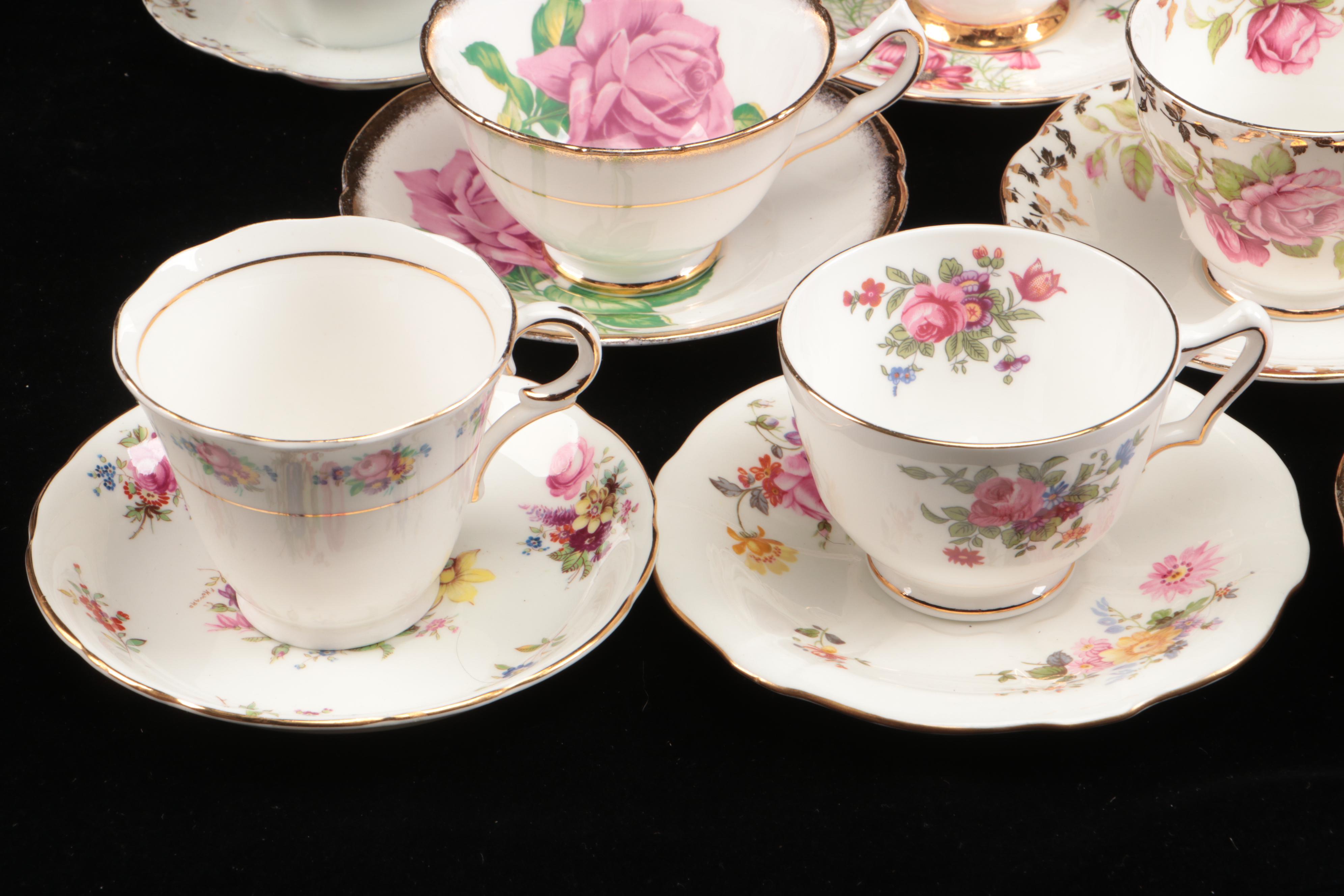 Vintage Floral Pattern Teacups with Saucers and Other Table Accessories