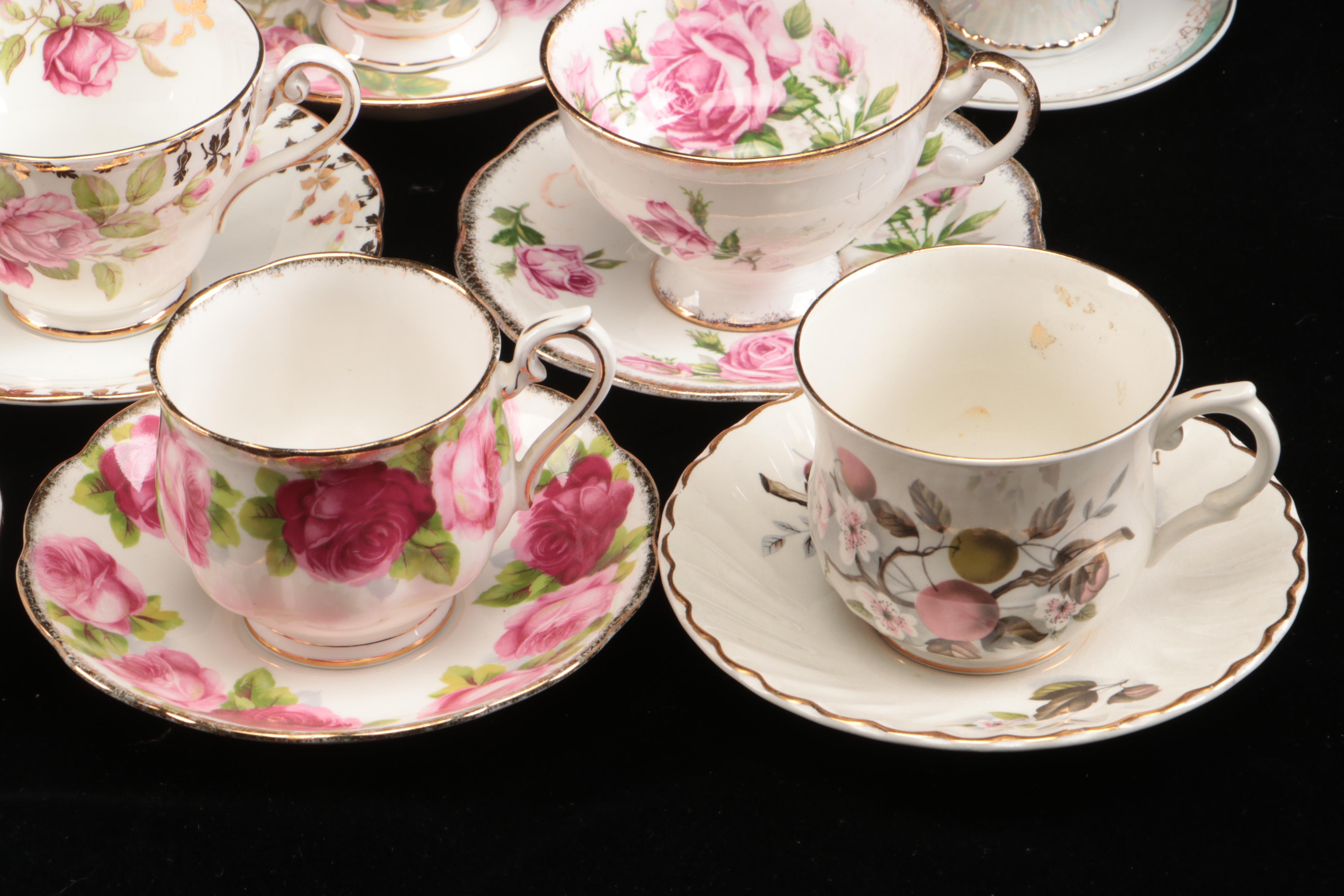 Vintage Floral Pattern Teacups with Saucers and Other Table Accessories