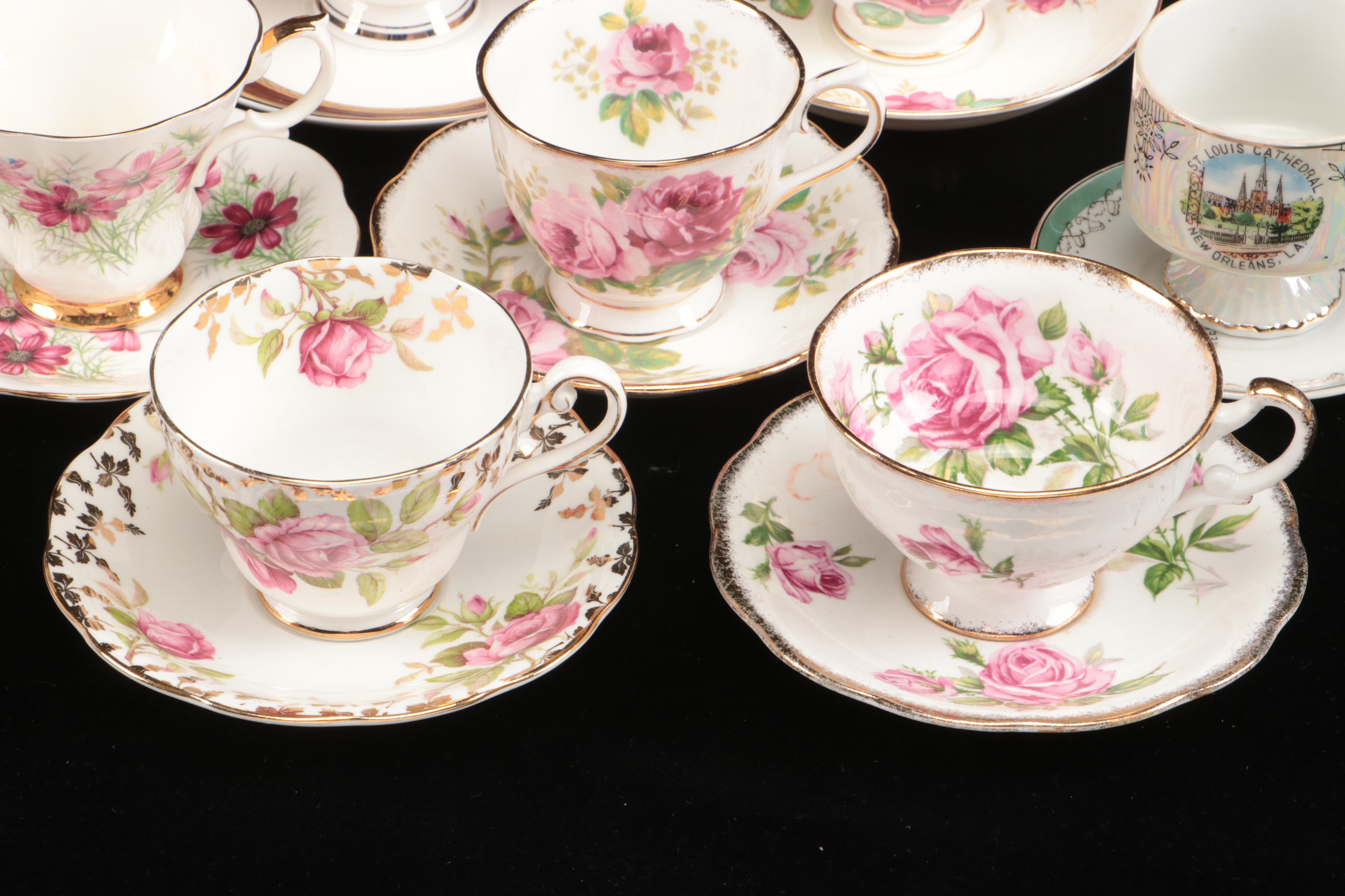 Vintage Floral Pattern Teacups with Saucers and Other Table Accessories