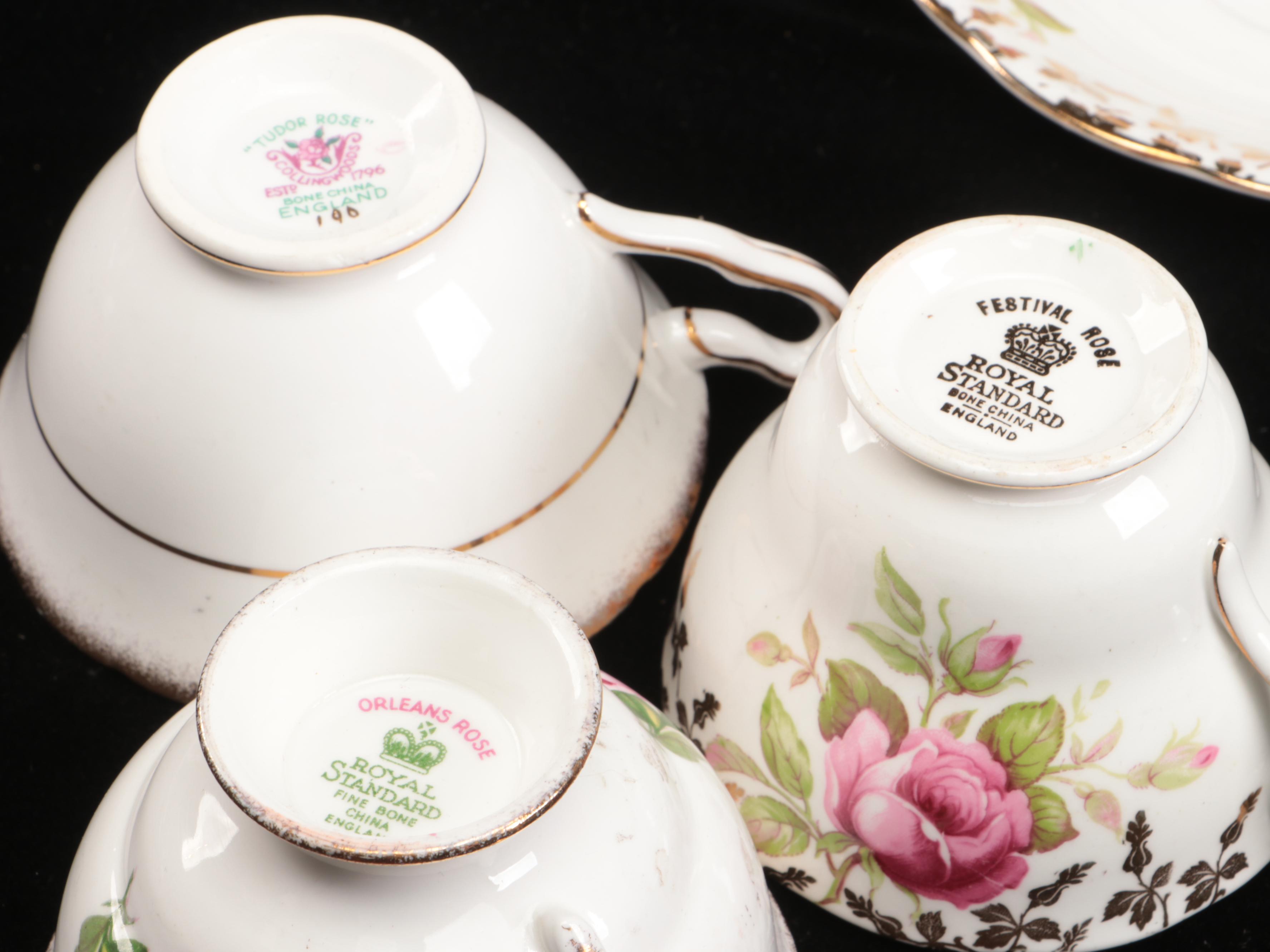 Vintage Floral Pattern Teacups with Saucers and Other Table Accessories