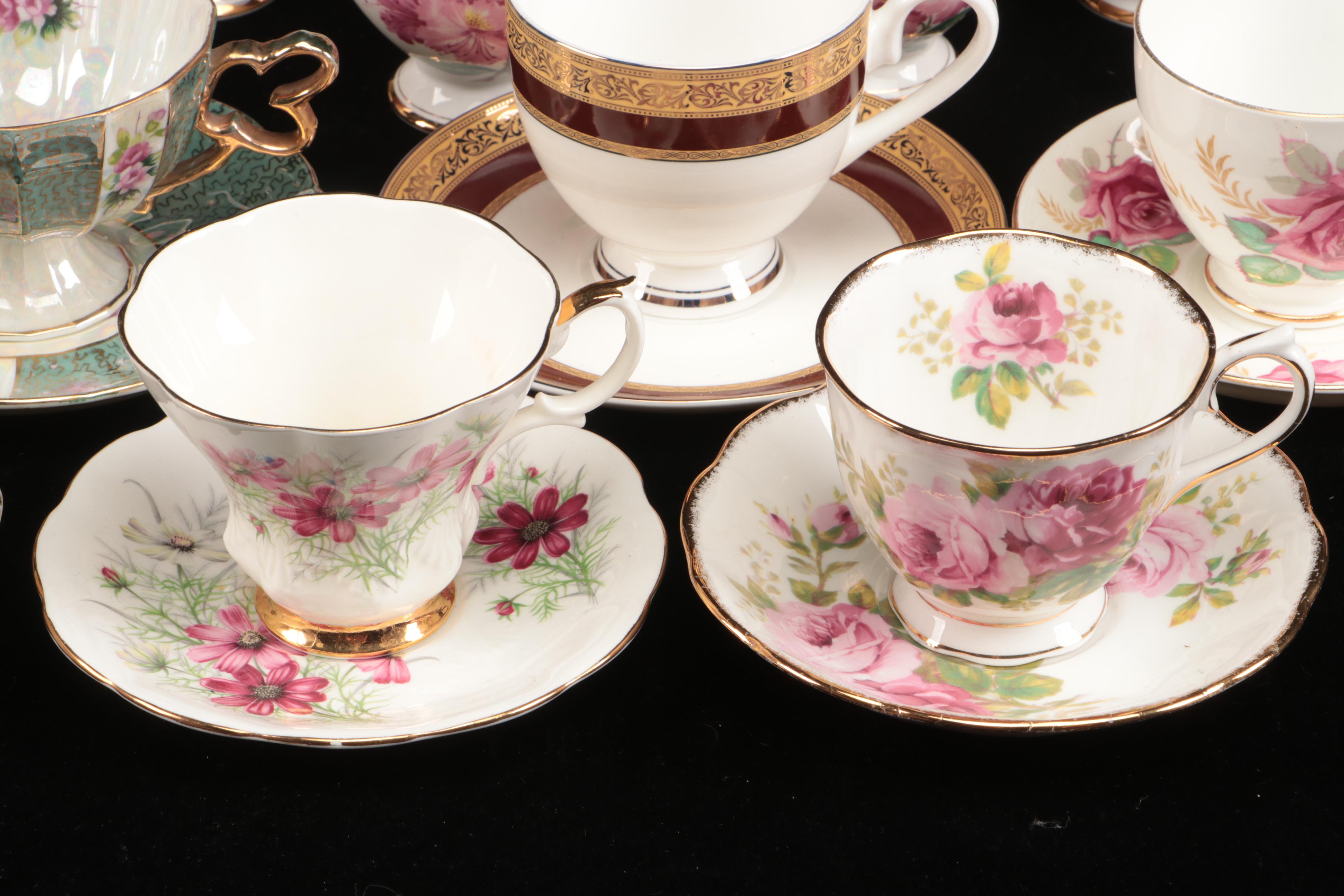 Vintage Floral Pattern Teacups with Saucers and Other Table Accessories