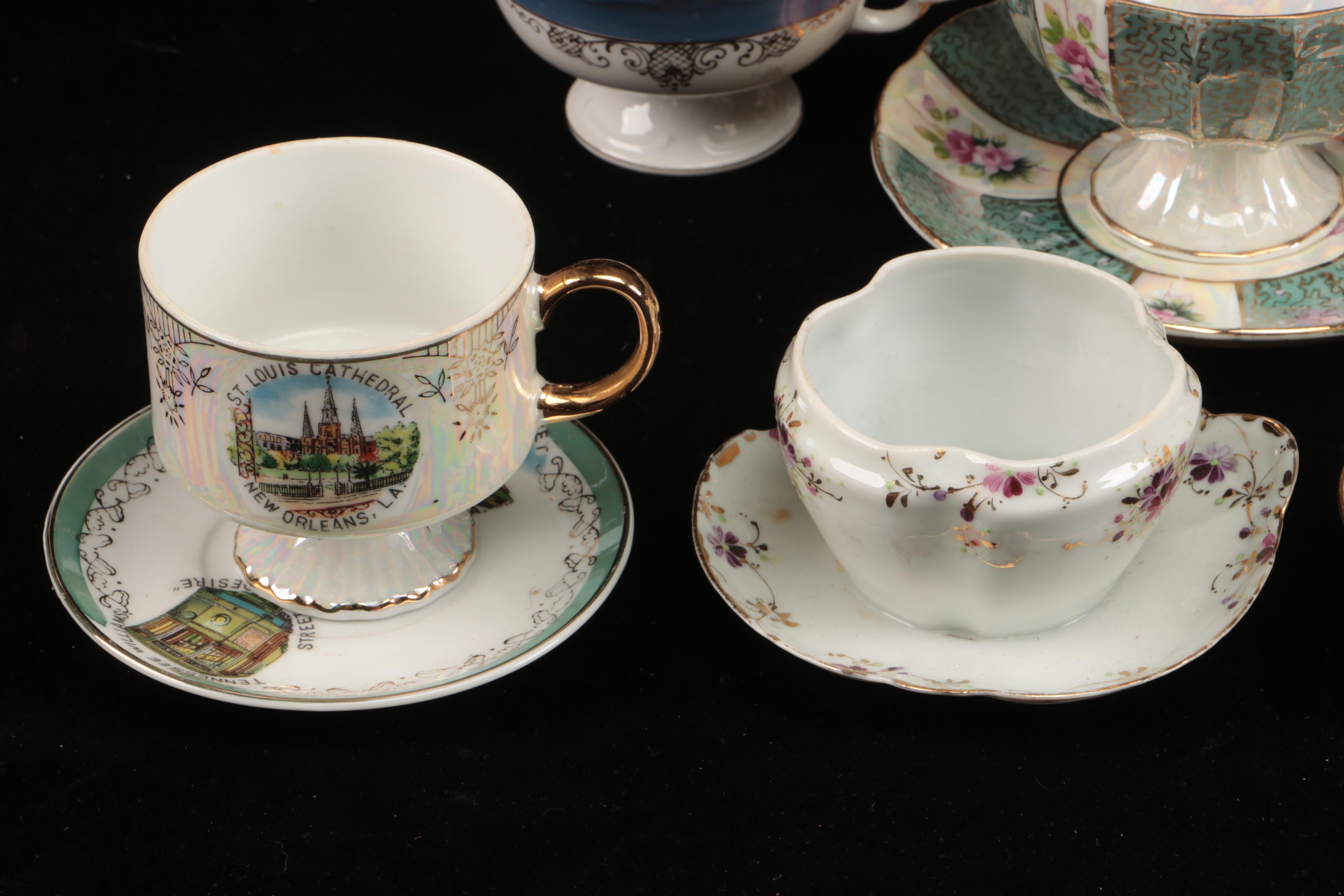 Vintage Floral Pattern Teacups with Saucers and Other Table Accessories
