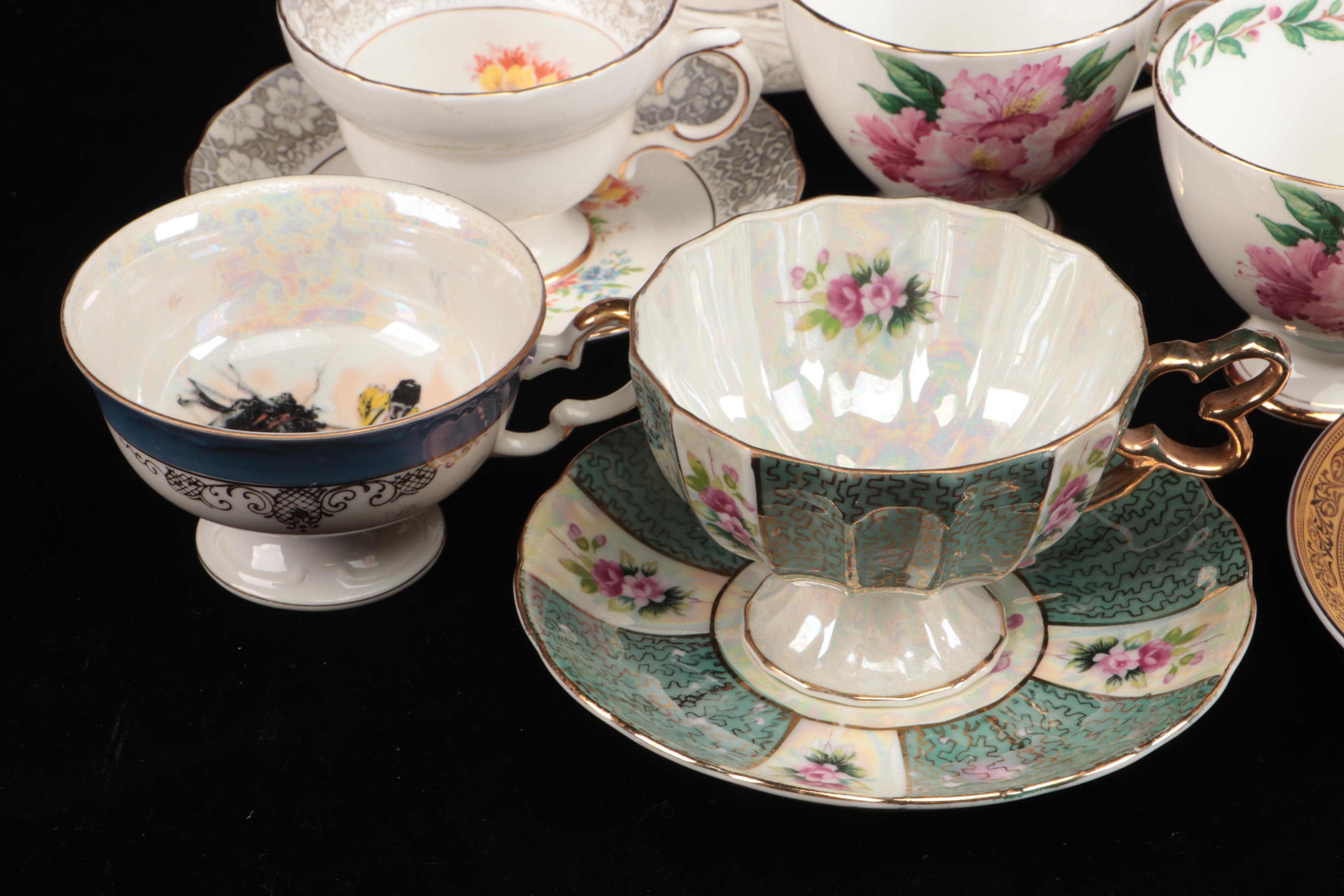 Vintage Floral Pattern Teacups with Saucers and Other Table Accessories