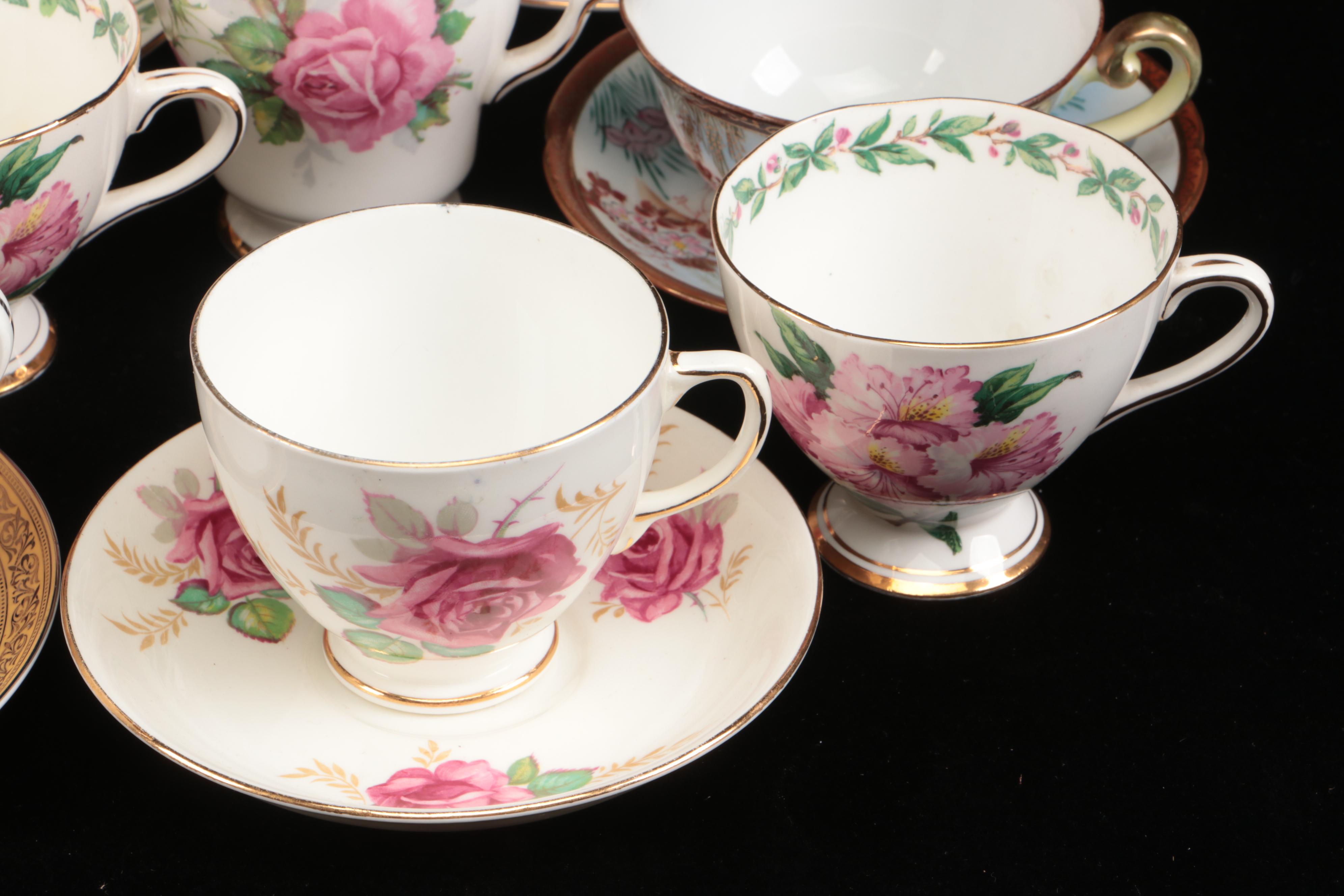 Vintage Floral Pattern Teacups with Saucers and Other Table Accessories
