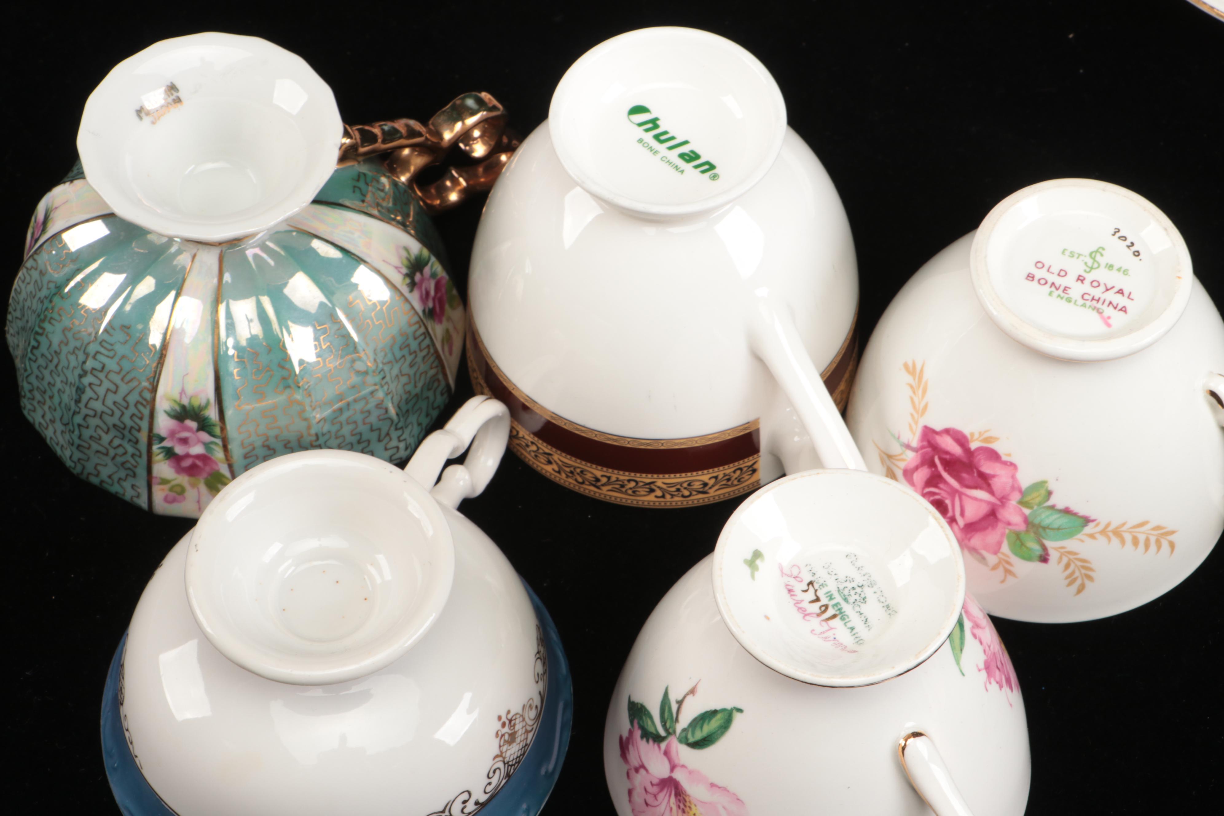 Vintage Floral Pattern Teacups with Saucers and Other Table Accessories