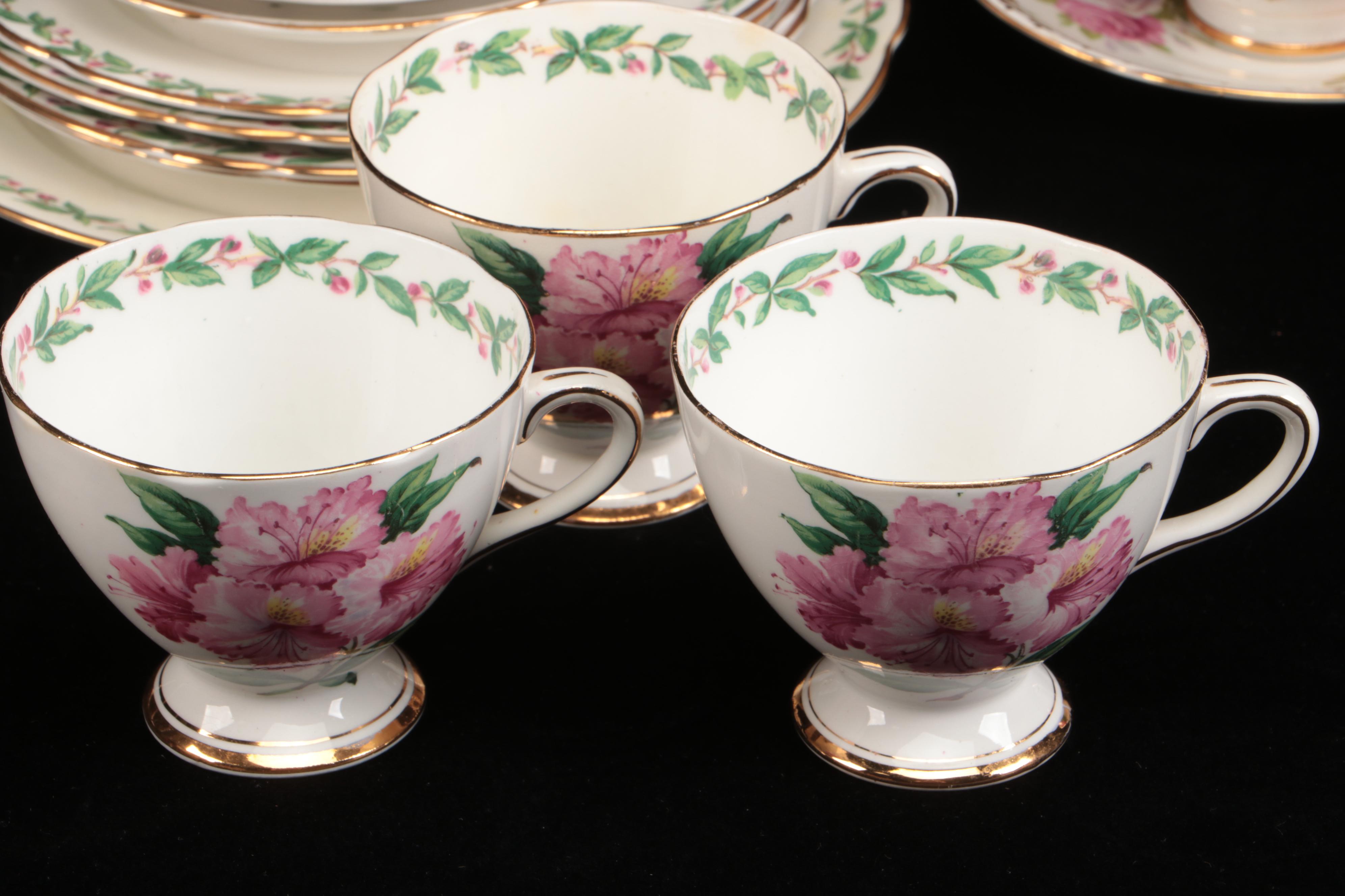 Vintage Floral Pattern Teacups with Saucers and Other Table Accessories