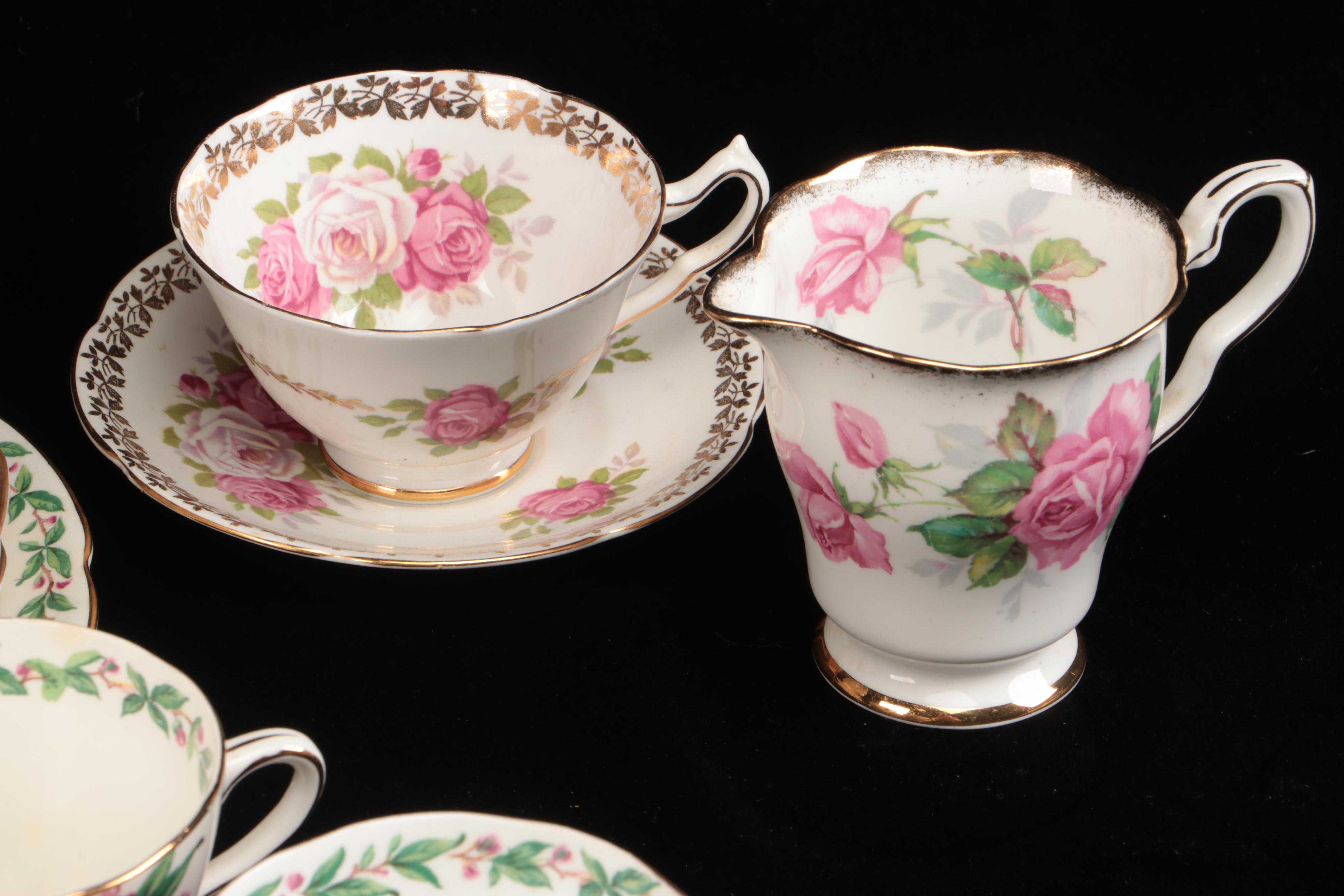 Vintage Floral Pattern Teacups with Saucers and Other Table Accessories