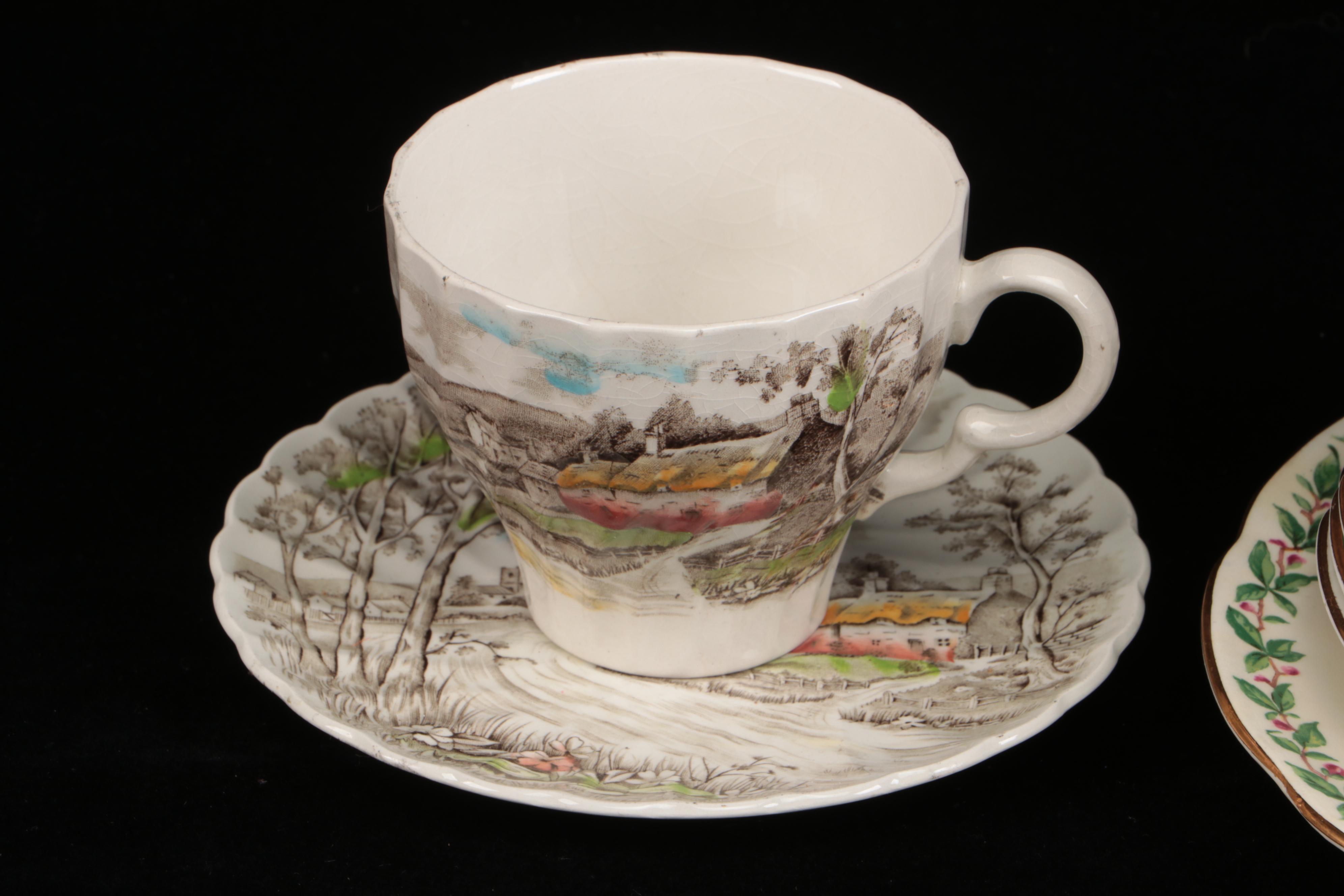 Vintage Floral Pattern Teacups with Saucers and Other Table Accessories