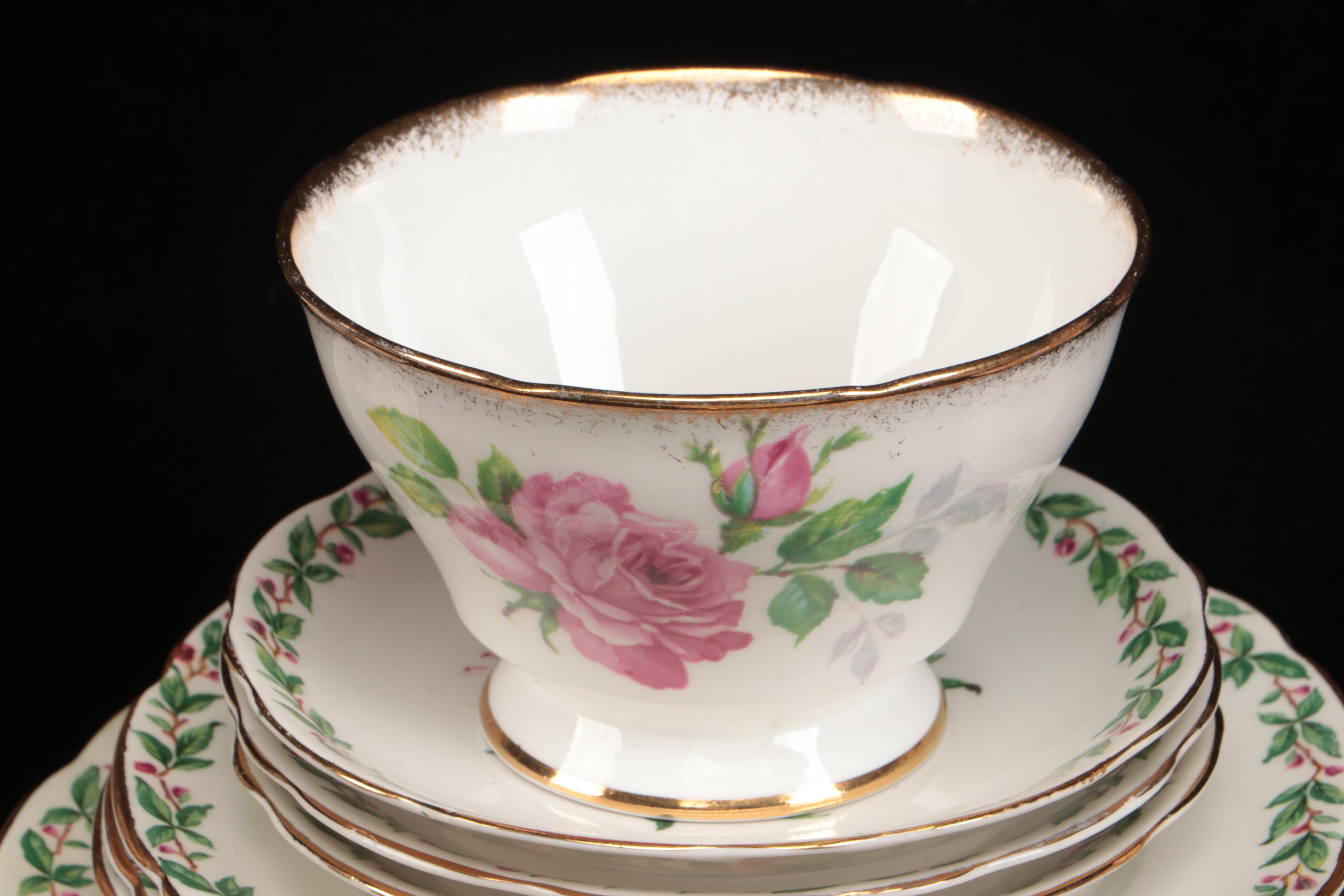 Vintage Floral Pattern Teacups with Saucers and Other Table Accessories