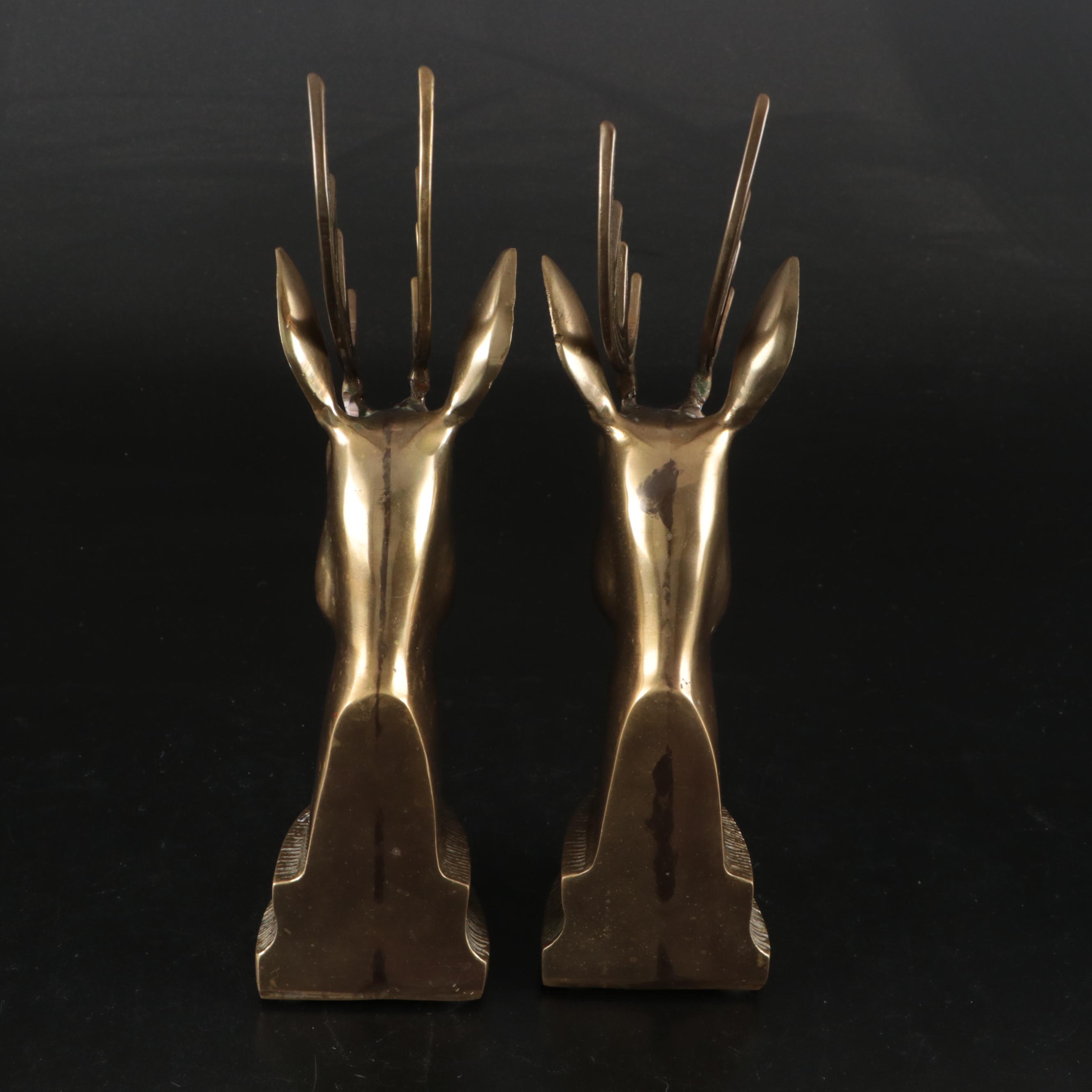 Brass Stag Bookends with French Style Brass Candle Holder Tray