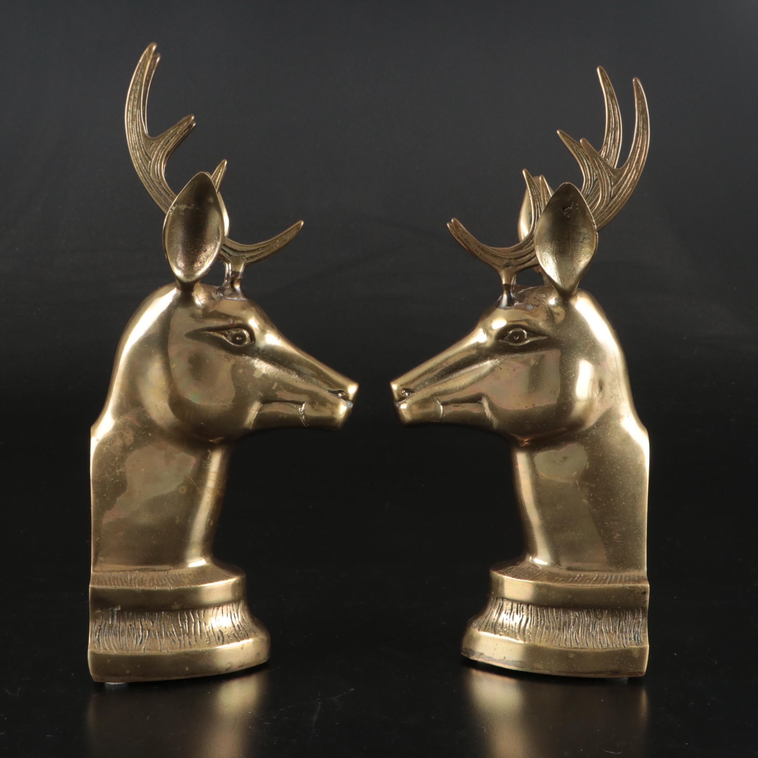 Brass Stag Bookends with French Style Brass Candle Holder Tray