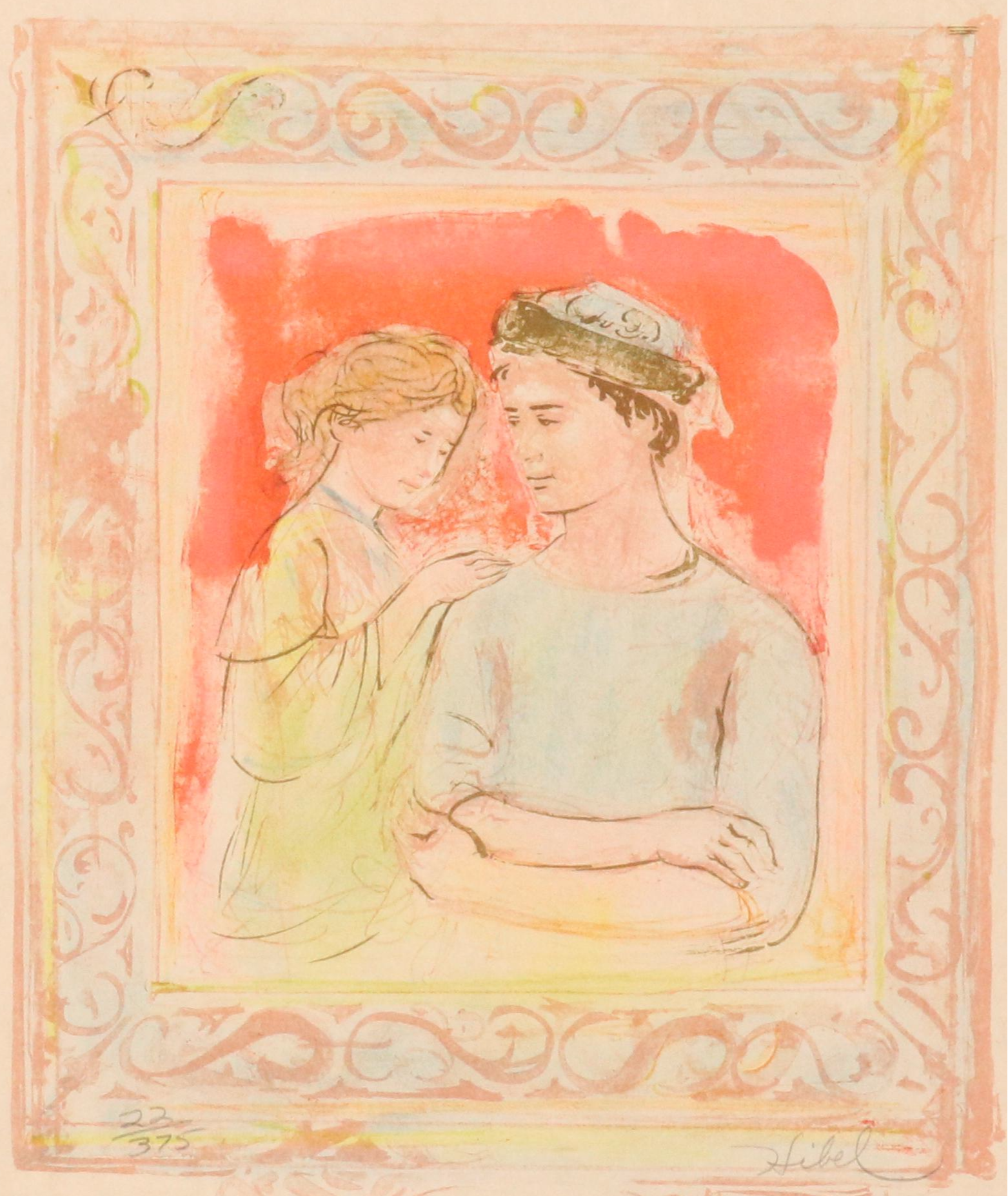 Edna "Hibel" Plotkin Figural Lithograph, Late 20th Century